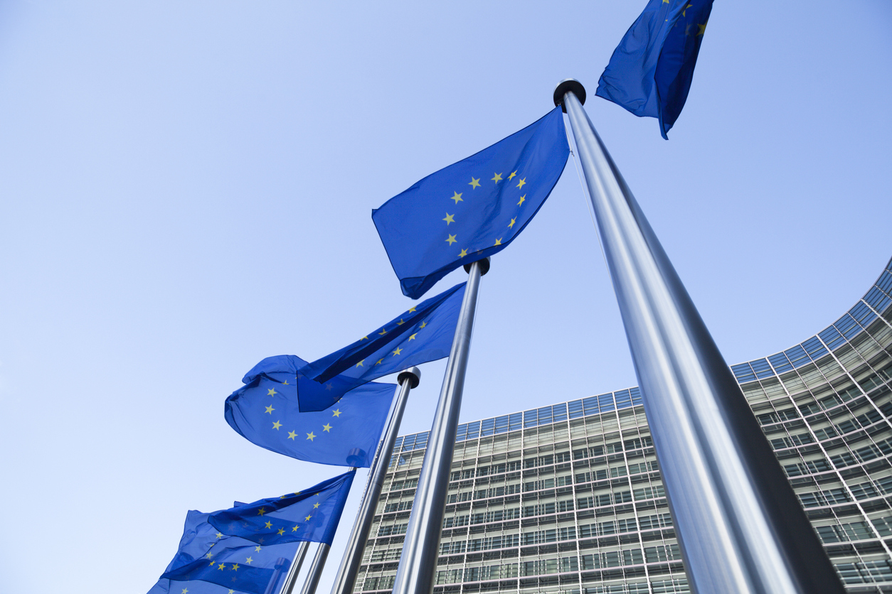 European Union flags in front of the Berlaymont building in Brussels, Belgium