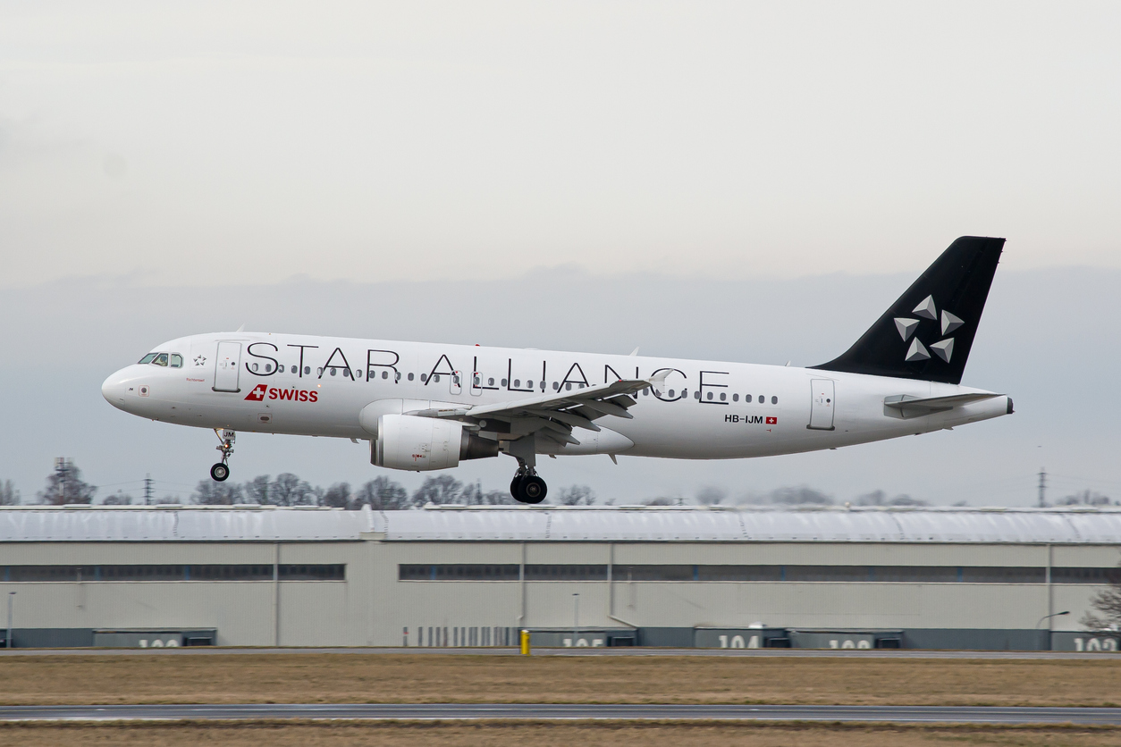 Swiss Airbus A320 in Star Alliance livery landing in Prague