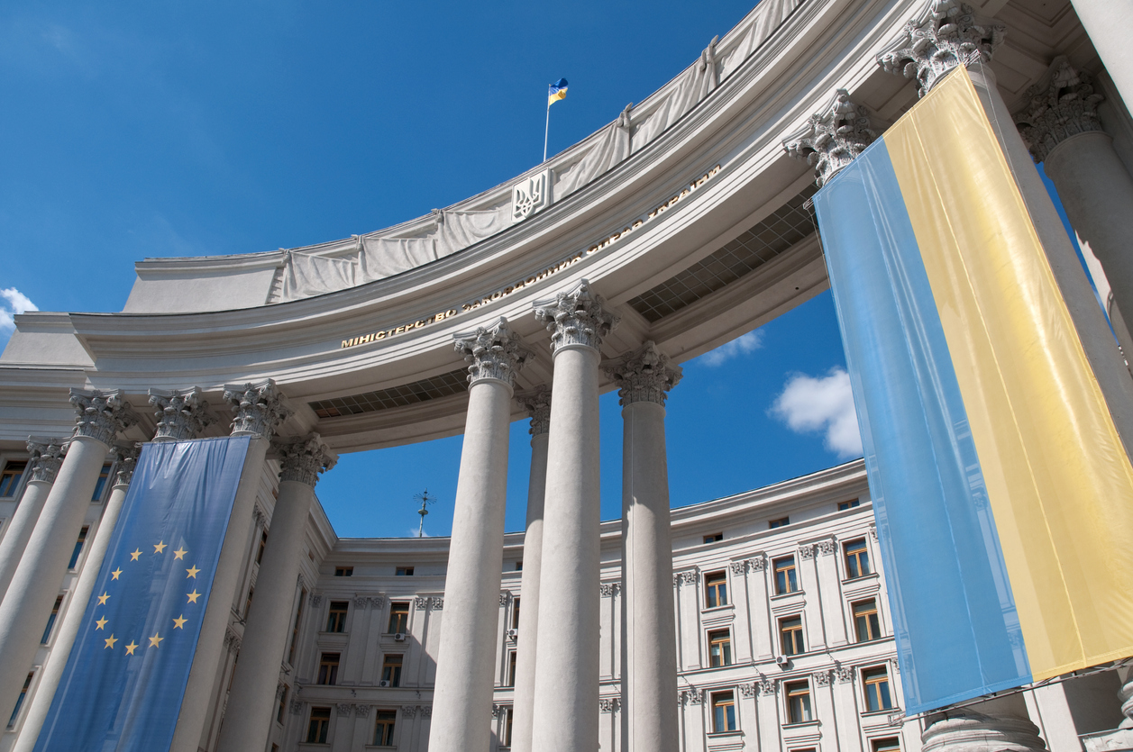 "Ukrainian and EU banners hanging from the Ukrainian Ministry of Foreign Affairs government building in Kiev, Ukraine"