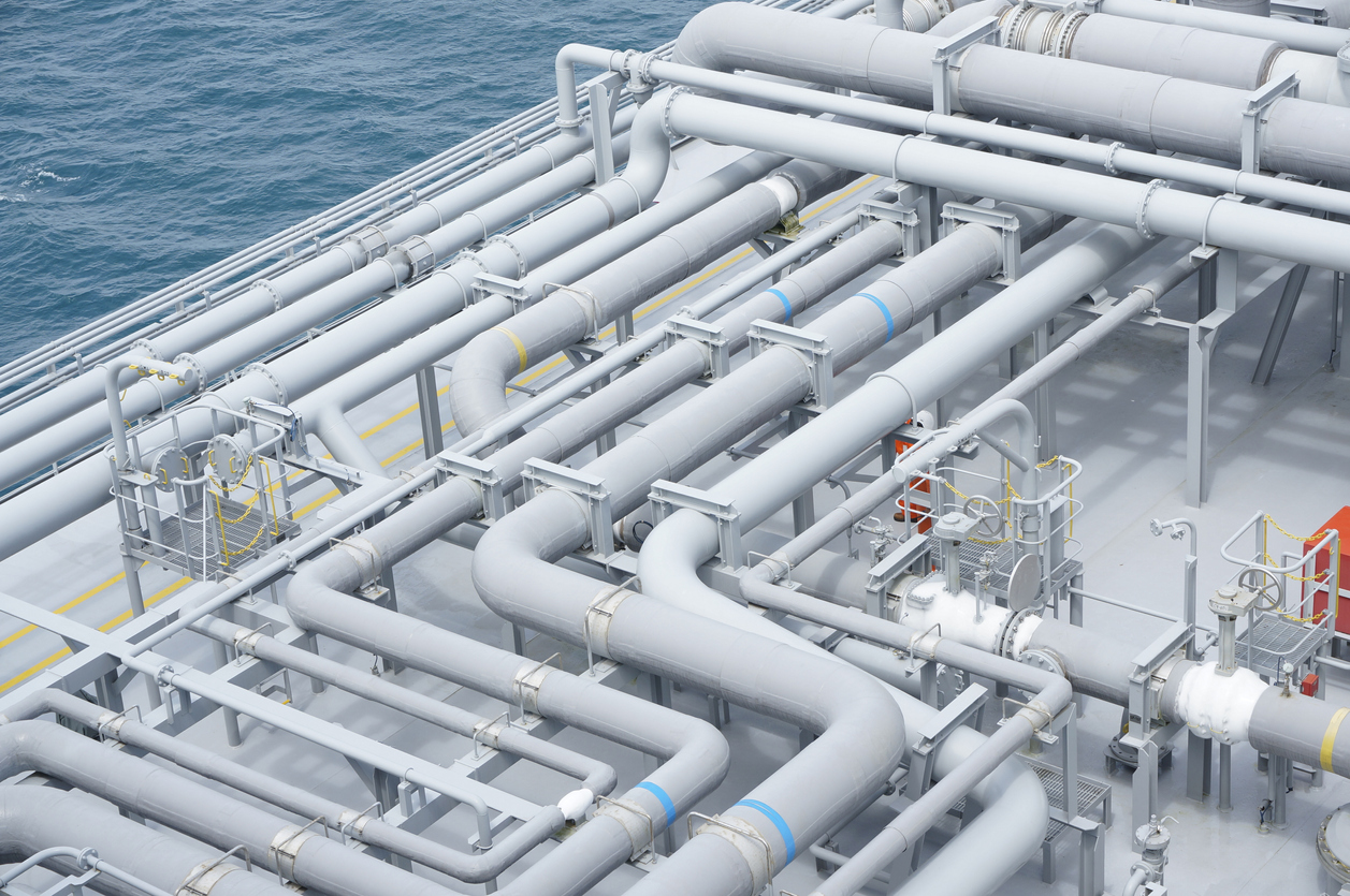 Natural Gas Pipeline in Floating Storage and Regasification Unit. Contains of LNG (Liquifed Natural Gas) and to be converted into natural gas or methane.
