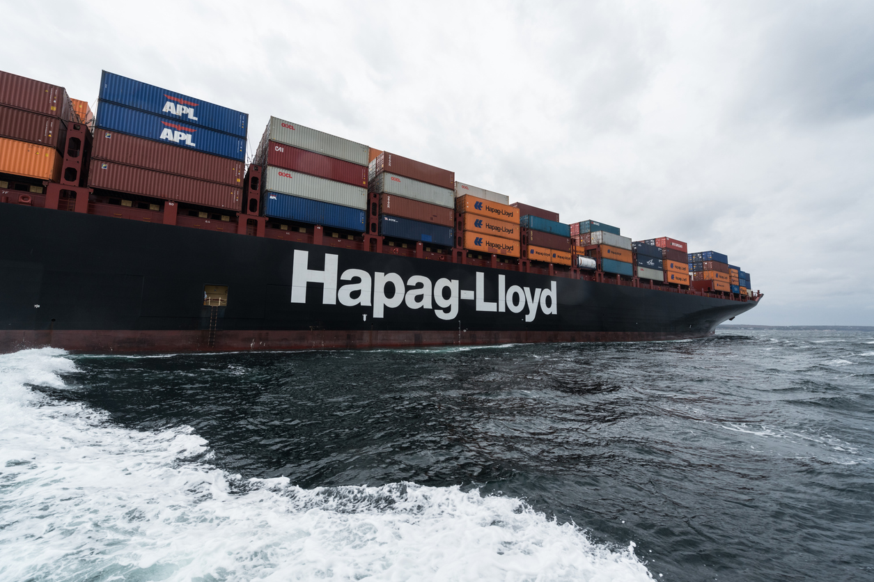 Chebucto Head, Canada - October 20, 2015: A sea level view of Hapag-Lloyd's Budapest Express nearing the mouth of Halifax Harbour.