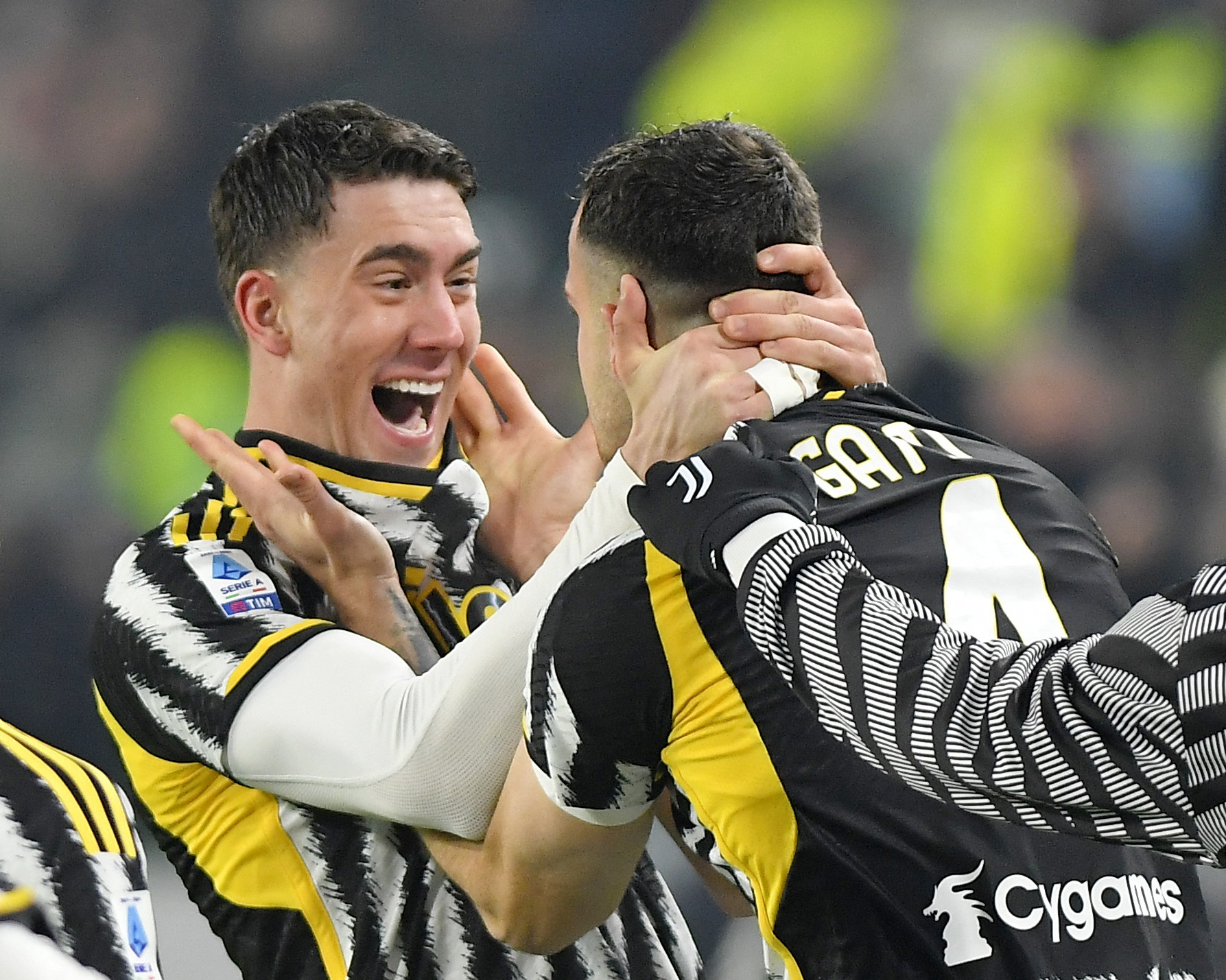 Soccer Football - Serie A - Juventus v Napoli - Allianz Stadium, Turin, Italy - December 8, 2023 Juventus' Federico Gatti celebrates scoring their first goal with Juventus' Dusan Vlahovic REUTERS
