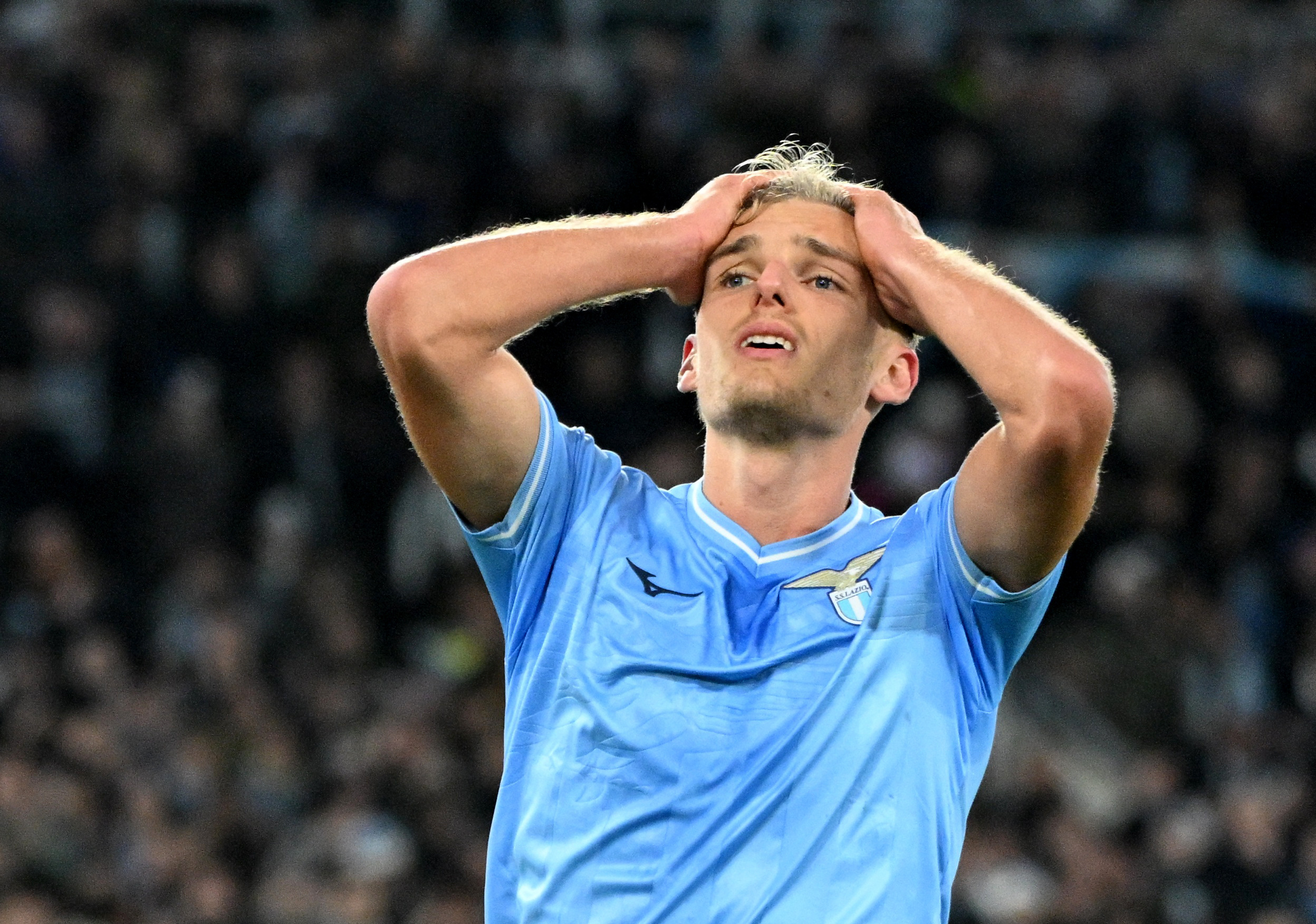 Soccer Football - Champions League - Group E - Lazio v Celtic - Stadio Olimpico, Rome, Italy - November 28, 2023 Lazio's Gustav Isaksen reacts REUTERS