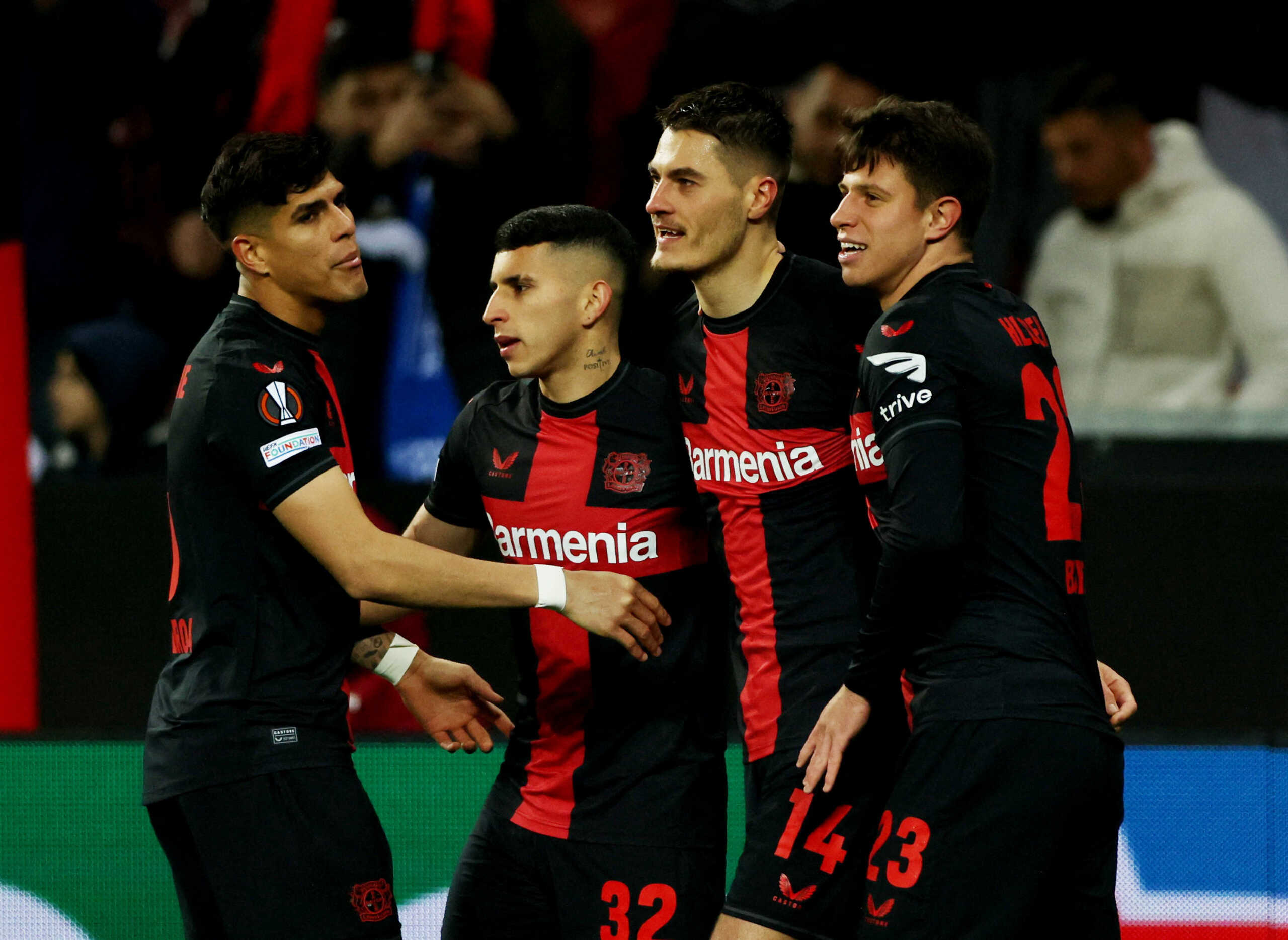 Soccer Football - Europa League - Group H - Bayer Leverkusen v Molde - BayArena, Leverkusen, Germany - December 14, 2023 Bayer Leverkusen's Patrik Schick celebrates scoring their first goal with teammates REUTERS
