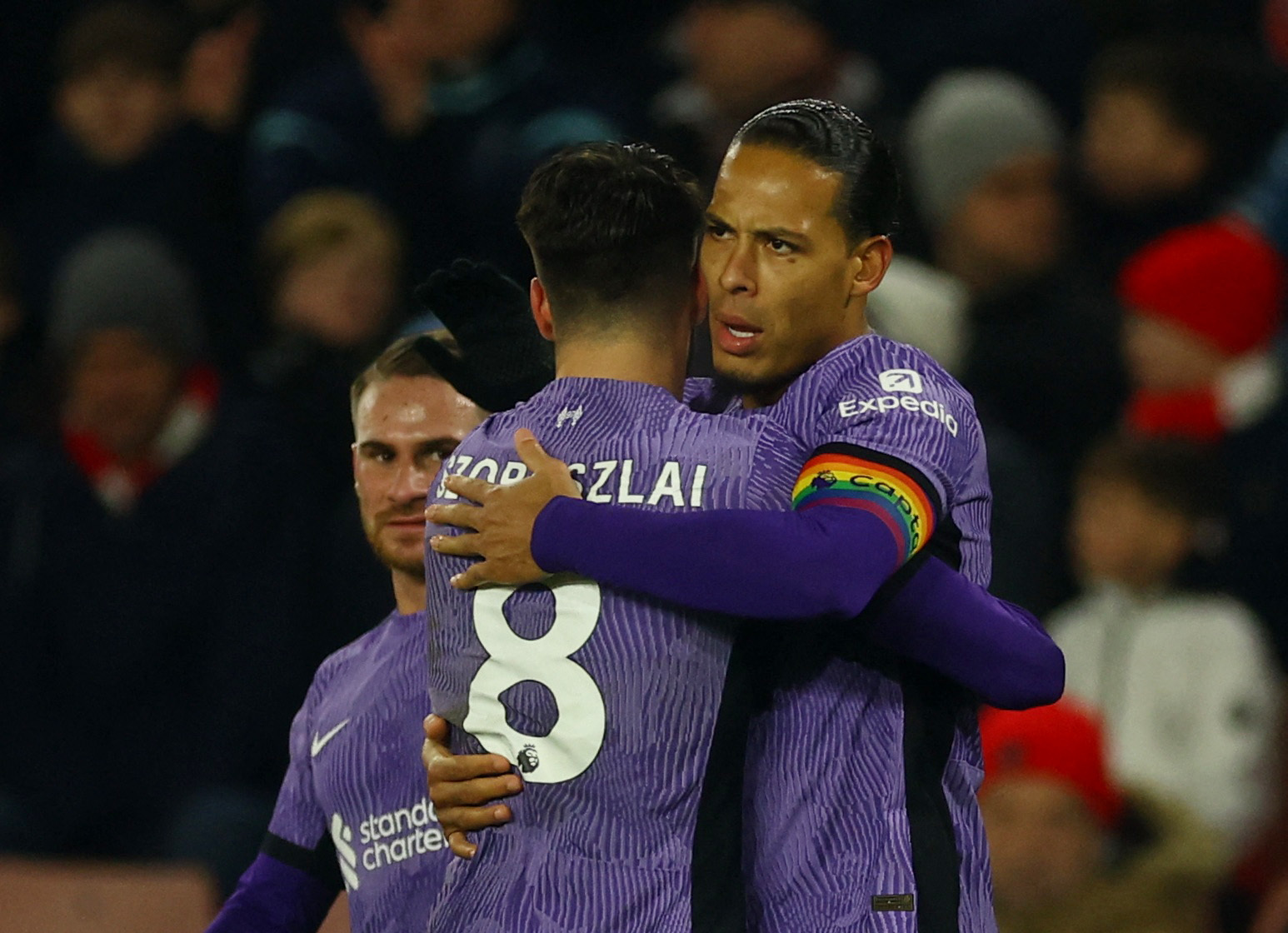 Soccer Football - Premier League - Sheffield United v Liverpool - Bramall Lane, Sheffield, Britain - December 6, 2023  Liverpool's Virgil van Dijk celebrates scoring their first goal with Dominik Szoboszlai Action Images via Reuters