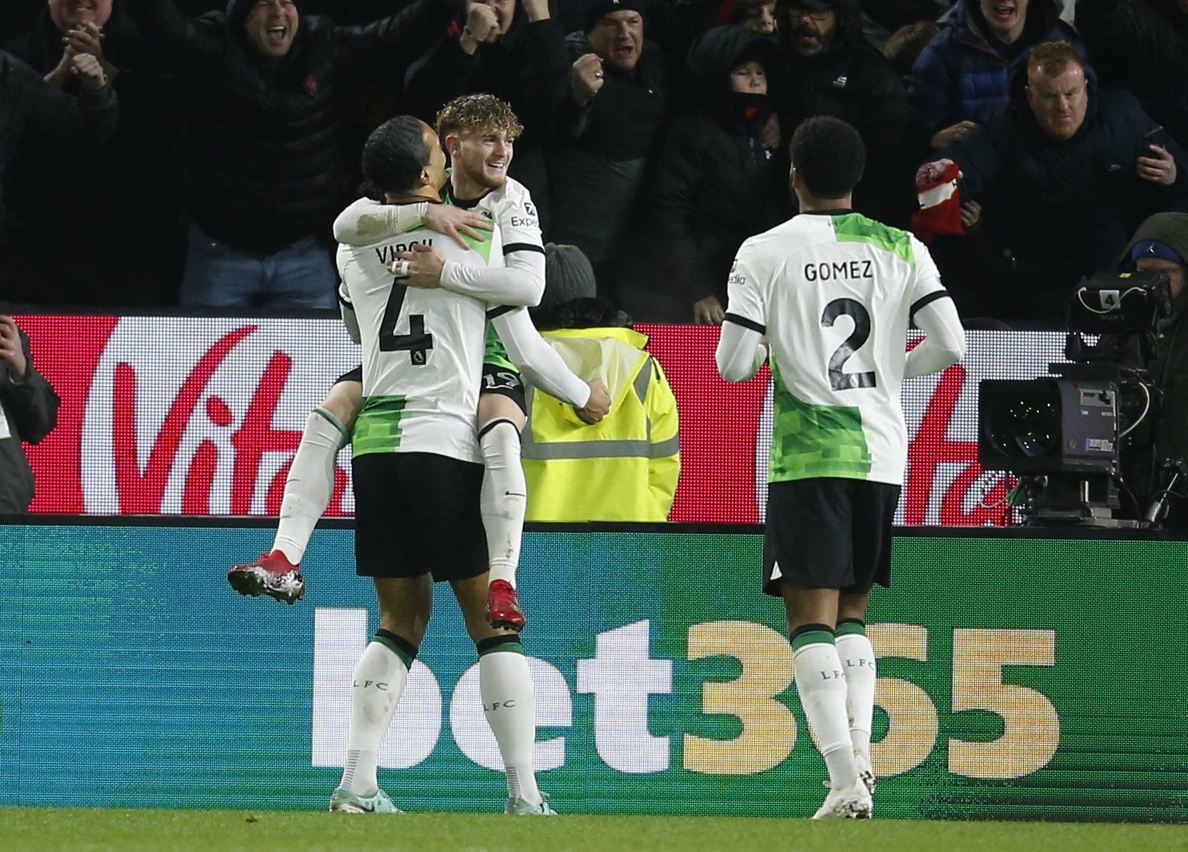 Soccer Football - Premier League - Burnley v Liverpool - Turf Moor, Burnley, Britain - December 26, 2023 Liverpool's Harvey Elliott celebrates scoring a goal with Virgil van Dijk that is later disallowed Action Images via Reuters