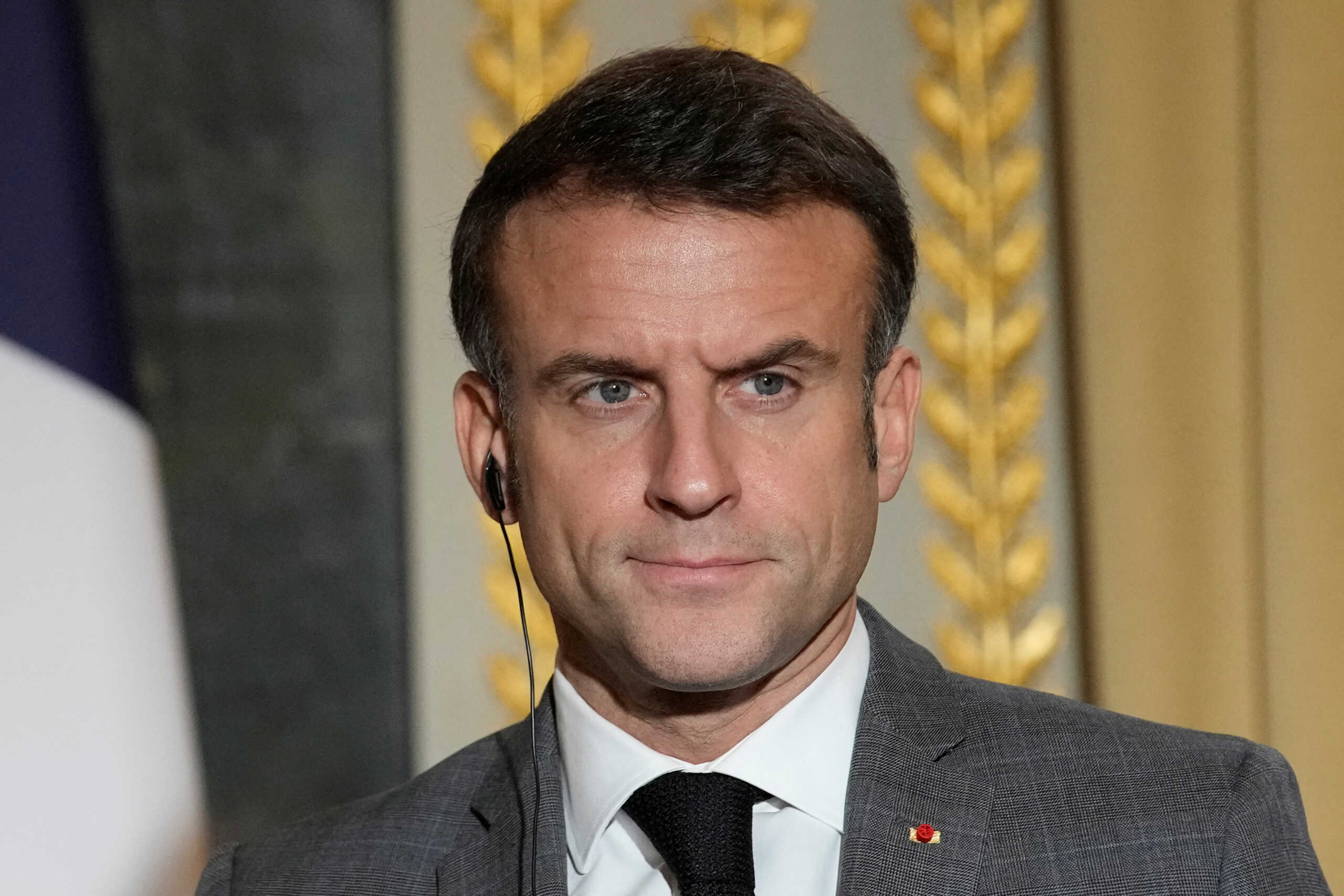 French President Emmanuel Macron reacts during a joint statement for members of the media with the Czech Republic's President Petr Pavel, Wednesday, Dec. 20, 2023, at the Elysee Palace in Paris, France.     Christophe Ena