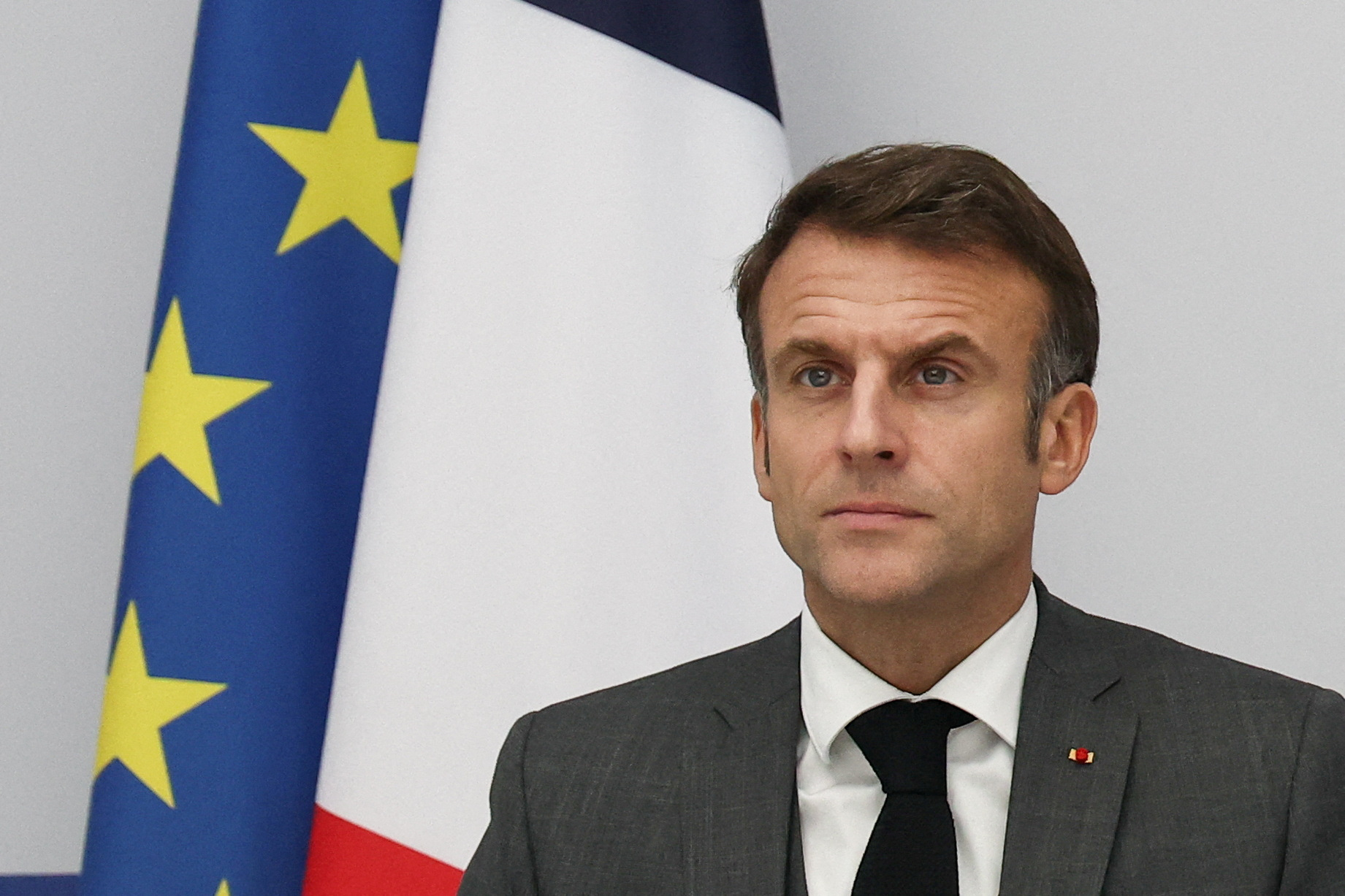 FILE PHOTO: French President Emmanuel Macron attends a video-conference with G20 leaders, at the Elysee Palace in Paris, France, 22 November 2023.  Mohammed Badra