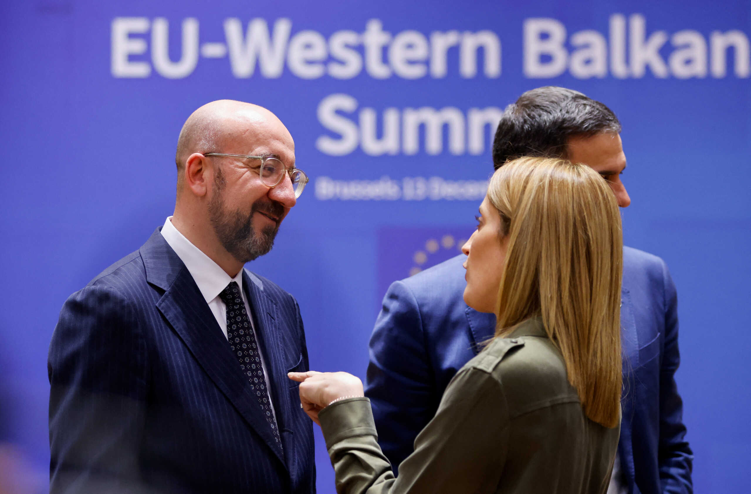 European Council President Charles Michel speaks with European Parliament President Roberta Metsola as they attend a European Union and Western Balkans leaders' summit, in Brussels, Belgium December 13, 2023. REUTERS