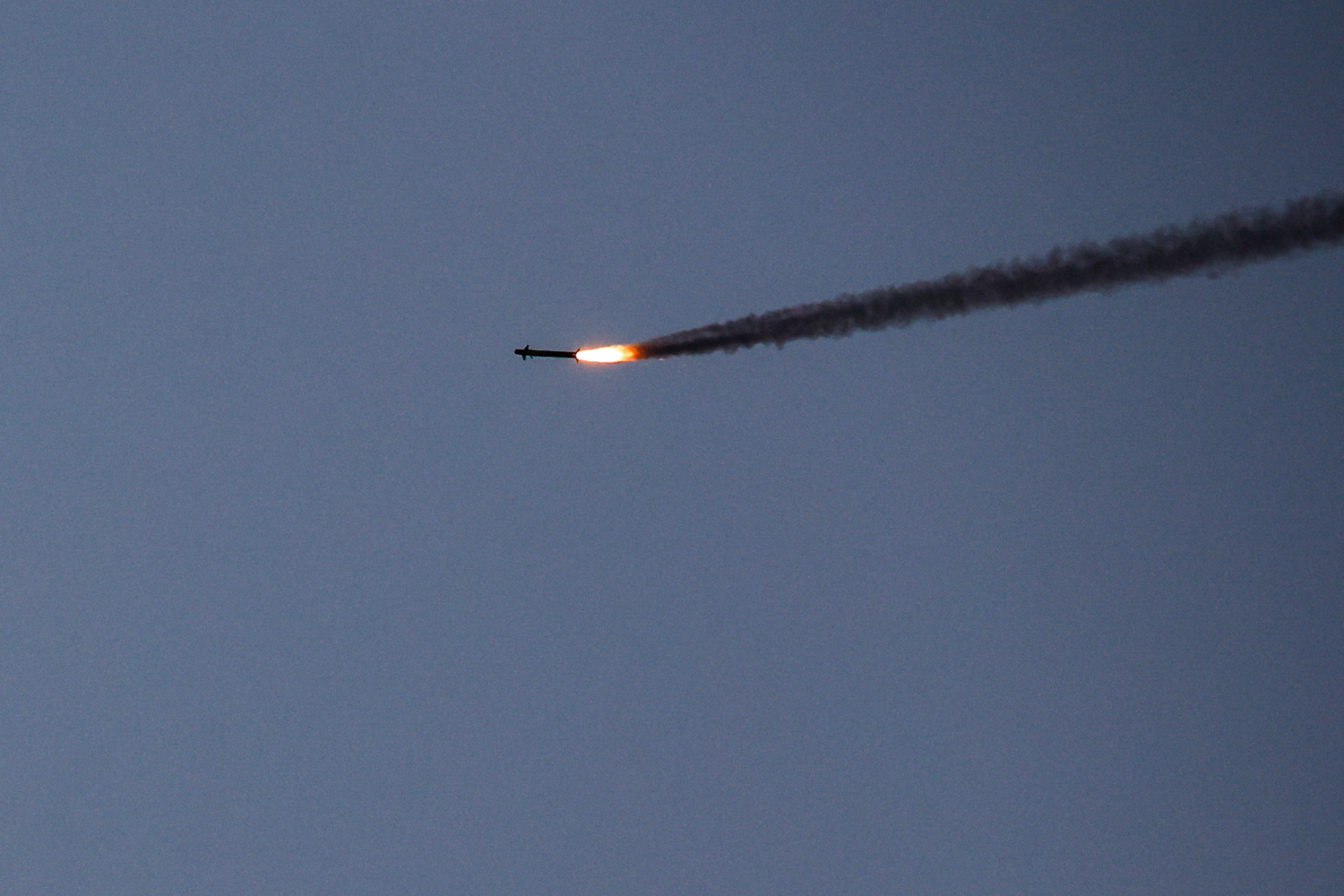 An Iron Dome missile interceptor flies across the sky, during an ongoing conflict between Israel and the Palestinian Islamist group Hamas, at the border with Gaza, in Israel, December 2, 2023. REUTERS