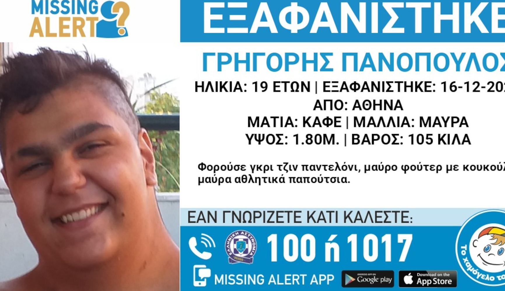 Συναγερμός για την εξαφάνιση του 19χρονου Γρηγόρη από την Αθήνα – Missing Alert από το Χαμόγελο του Παιδιού