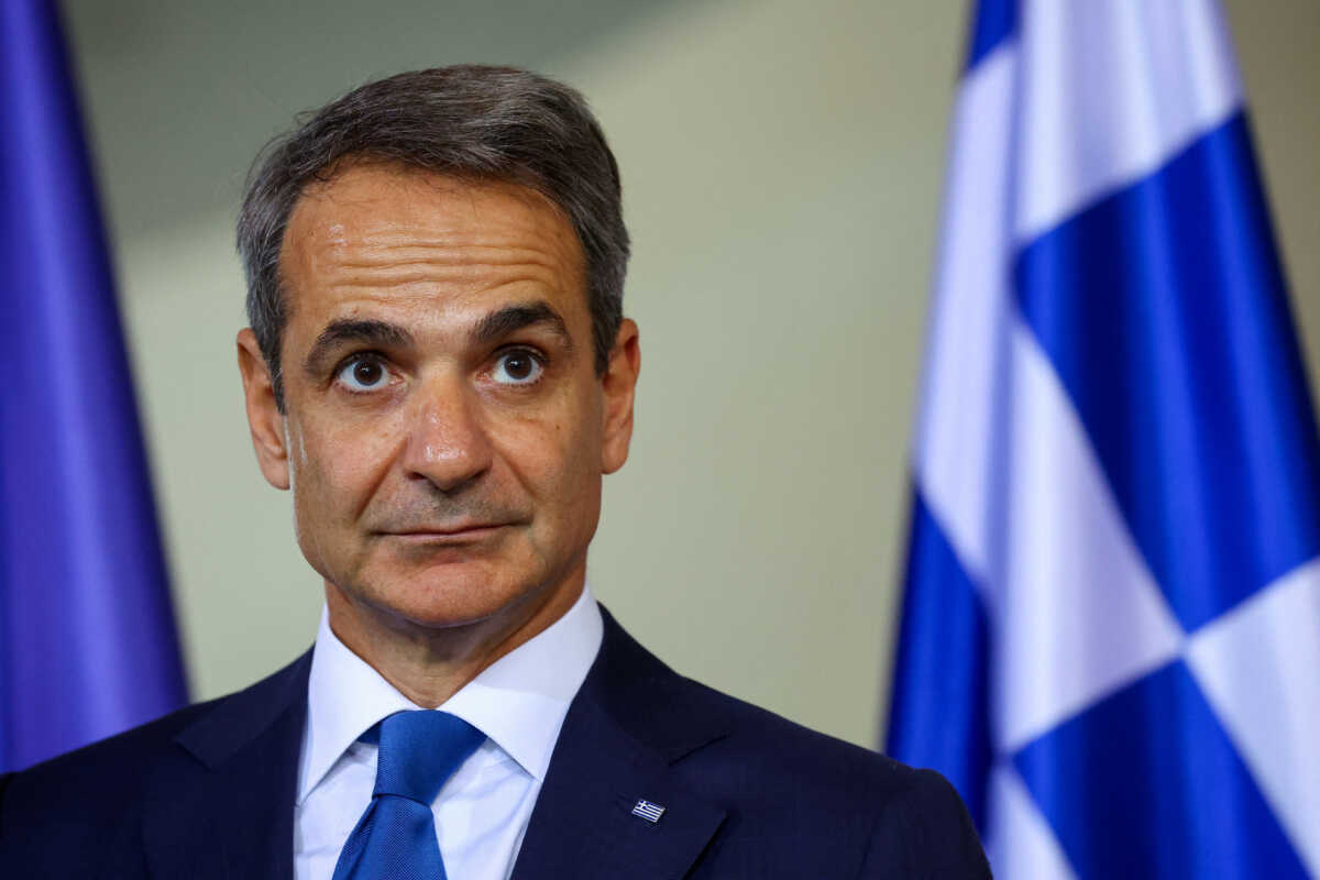 Greek Prime Minister Kyriakos Mitsotakis attends a press conference with German Chancellor Olaf Scholz at the Chancellery in Berlin, Germany, November 14, 2023. REUTERS
