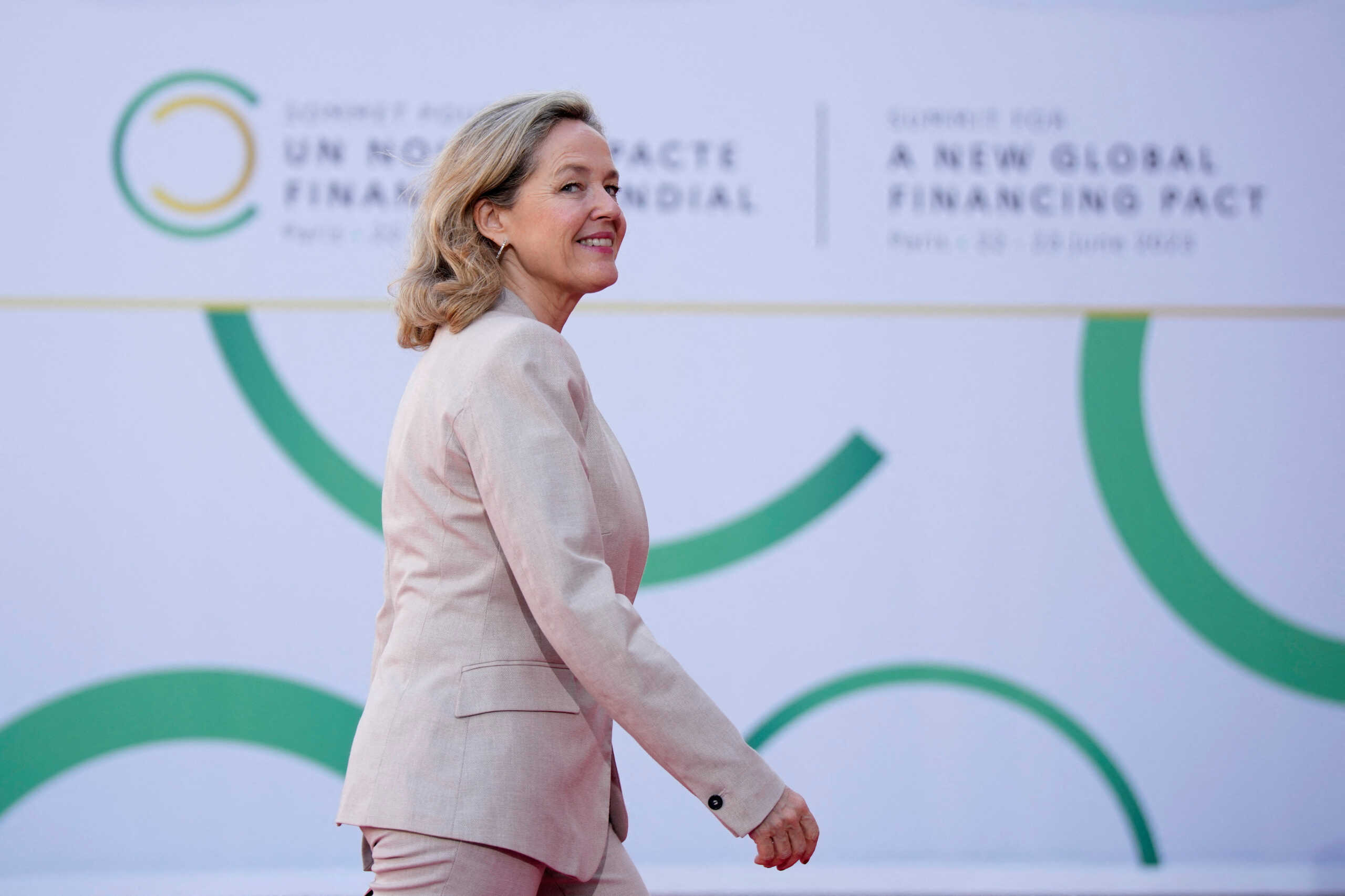 FILE PHOTO: Spain's Economy Minister Nadia Calvino arrives for the closing session of the New Global Financial Pact Summit, Friday, June 23, 2023 in Paris, France.   Lewis Joly
