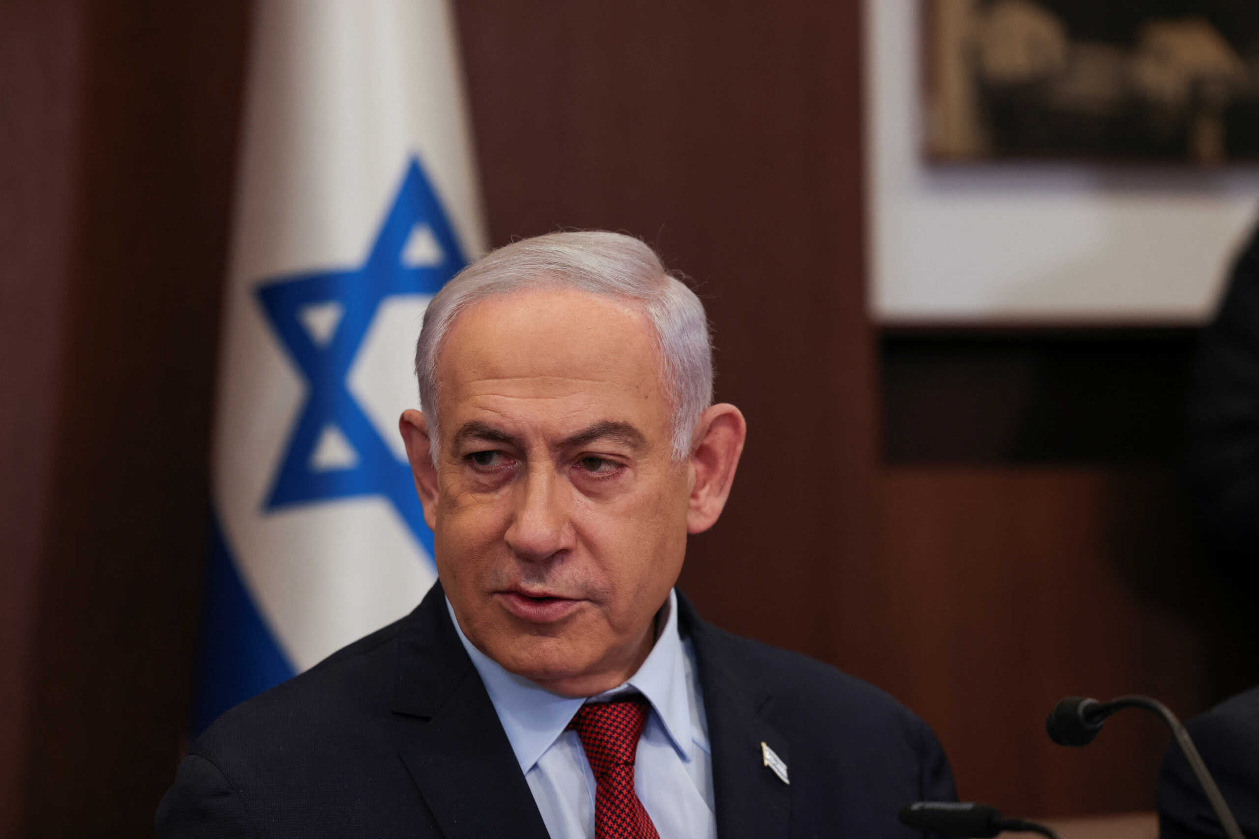 Israeli Prime Minister Benjamin Netanyahu attends the weekly cabinet meeting at the Prime Minister's office in Jerusalem, December 10, 2023 REUTERS
