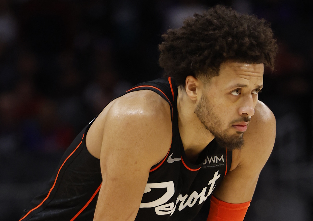 Dec 26, 2023; Detroit, Michigan, USA; Detroit Pistons guard Cade Cunningham (2) looks on during the second half against the Brooklyn Nets at Little Caesars Arena. Mandatory Credit: Rick Osentoski-USA TODAY Sports