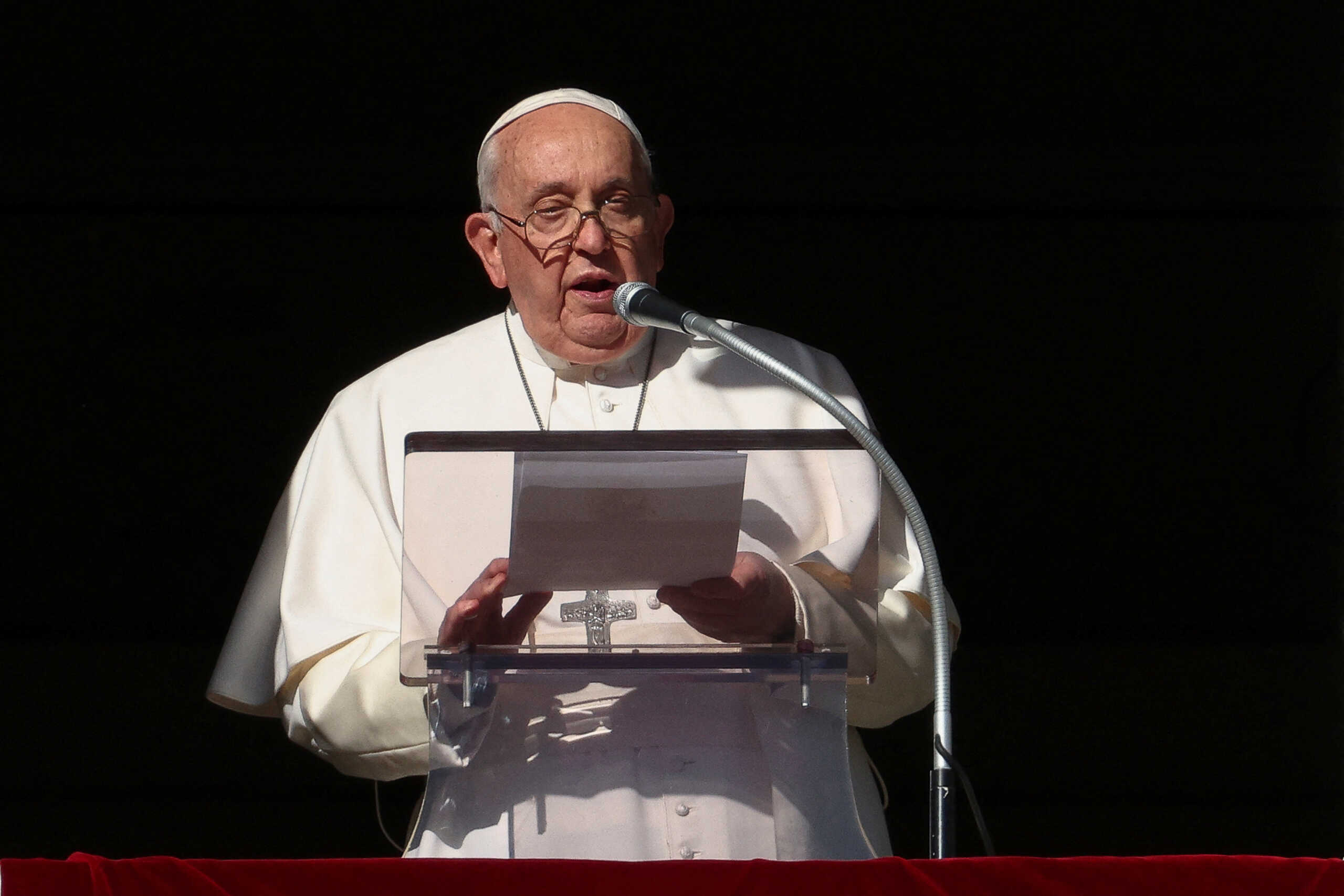 Pope Francis leads the Angelus prayer from his window, at the Vatican, December 17, 2023. REUTERS