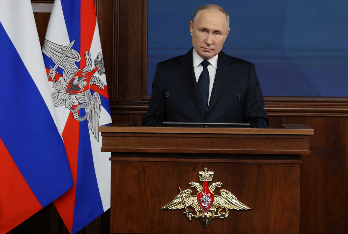Russian President Vladimir Putin attends an expanded meeting of the Defence Ministry Board at the National Defence Control Centre in Moscow, Russia December 19, 2023. Sputnik