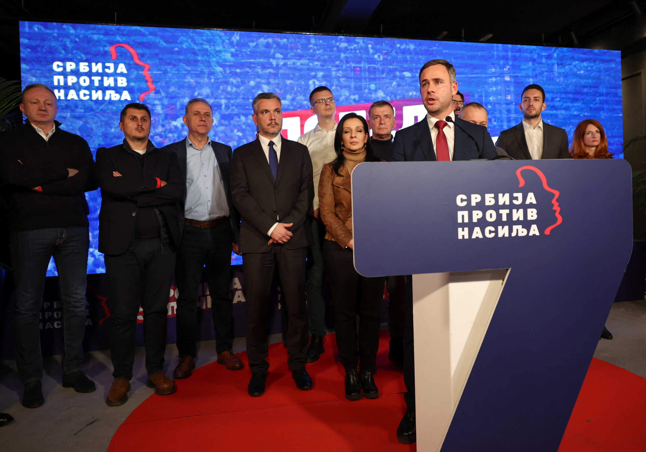 Miroslav Aleksic speaks at "Serbia Against Violence" coalition headquarters following exit polls results of the parliamentary election in Belgrade, Serbia, December 17, 2023. REUTERS