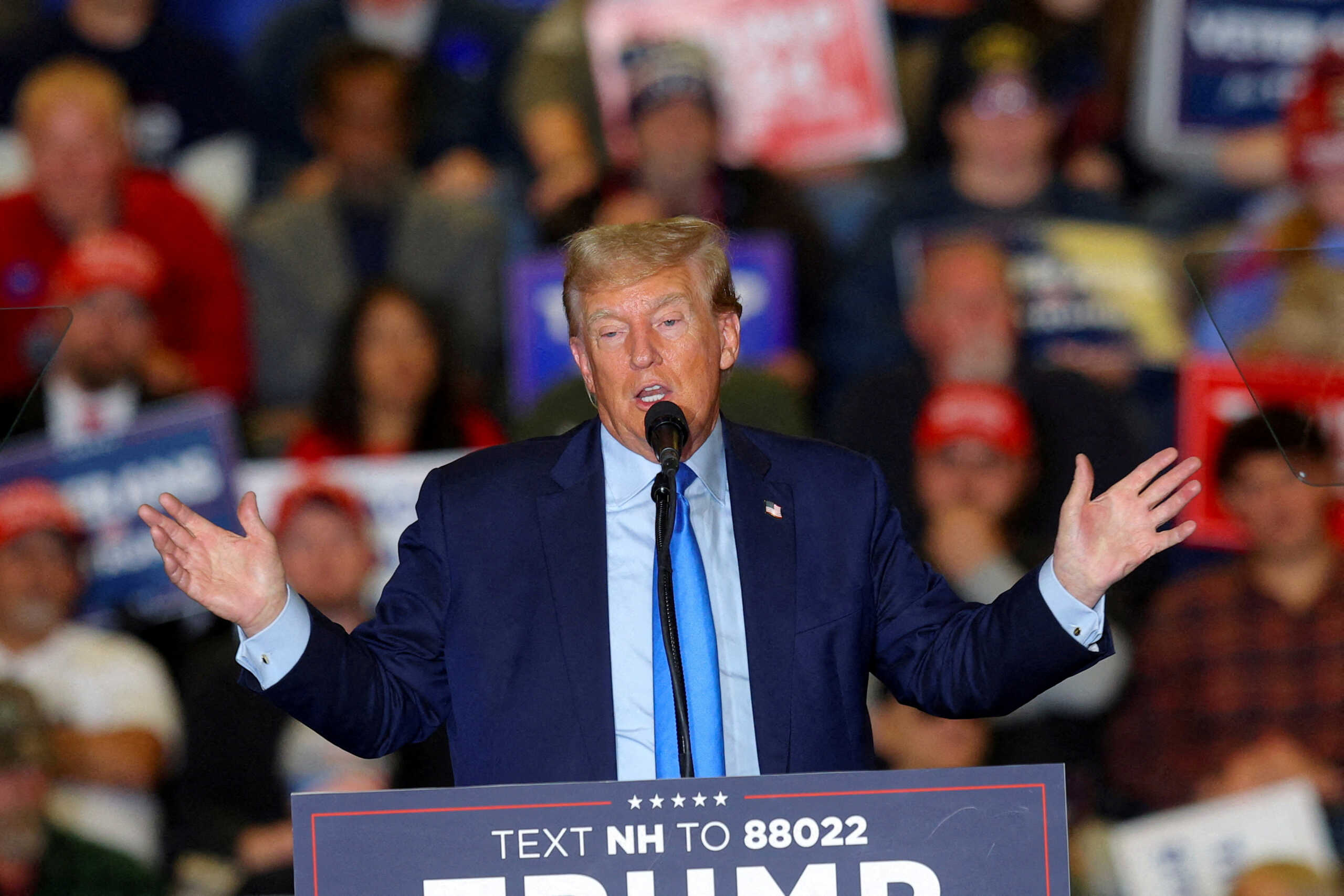 FILE PHOTO: Republican presidential candidate and former U.S. President Donald Trump speaks during a campaign rally in Claremont, New Hampshire, U.S., November 11, 2023. REUTERS