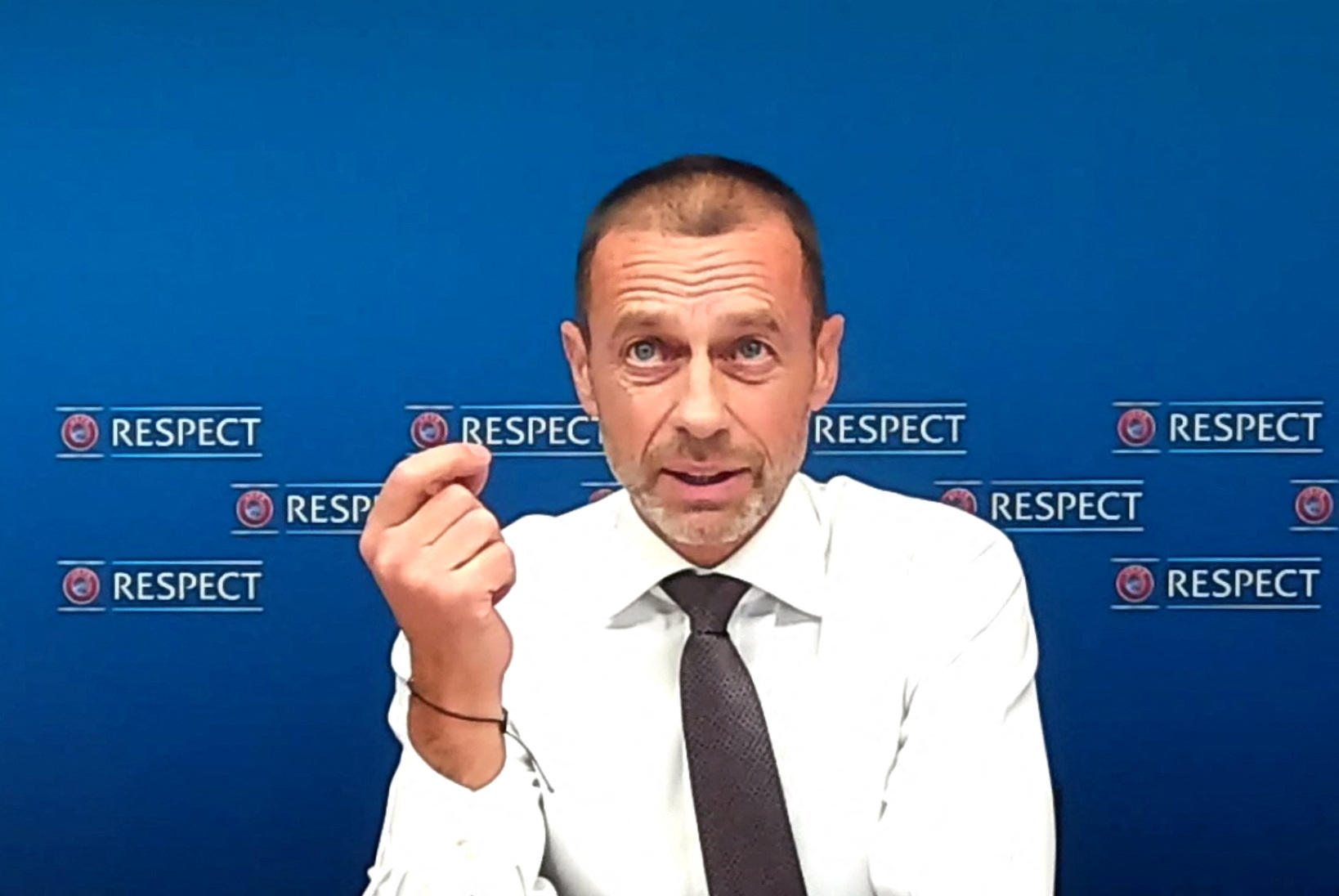 Soccer Football - UEFA Press Conference - UEFA Headquarters, Nyon, Switzerland - December 21, 2023  UEFA president Aleksander Ceferin during the press conference in this screengrab obtained on Zoom  UEFA