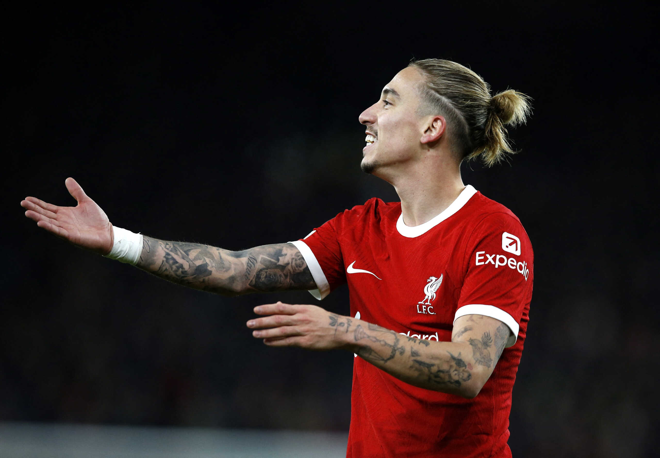 Soccer Football - Europa League - Group E - Liverpool v LASK Linz - Anfield, Liverpool, Britain - November 30, 2023  Liverpool's Kostas Tsimikas reacts Action Images via Reuters
