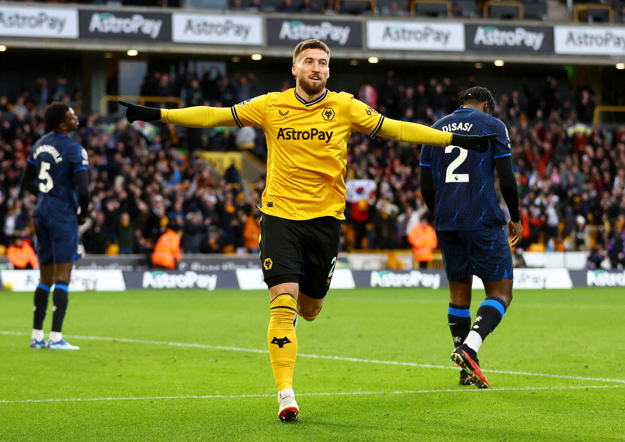 Soccer Football - Premier League - Wolverhampton Wanderers v Chelsea - Molineux Stadium, Wolverhampton, Britain - December 24, 2023 Wolverhampton Wanderers' Matt Doherty celebrates scoring their second goal REUTERS
