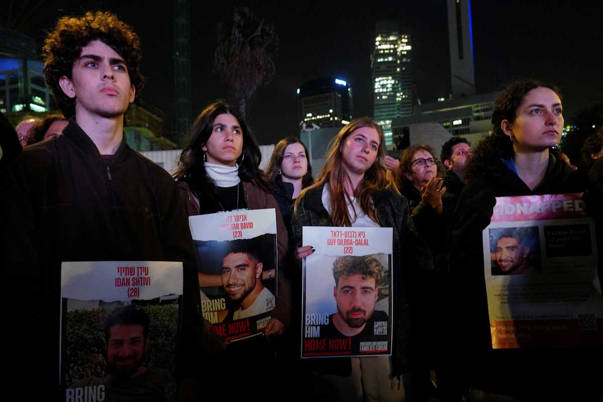 Demonstrators gather for a 24-hour protest, calling for the release of Israeli hostages in Gaza and to mark 100 days since the October 7 attack by Palestinian Islamist group Hamas, amid the ongoing conflict between Israel and Hamas, in Tel Aviv, Israel, January 13, 2024. REUTERS