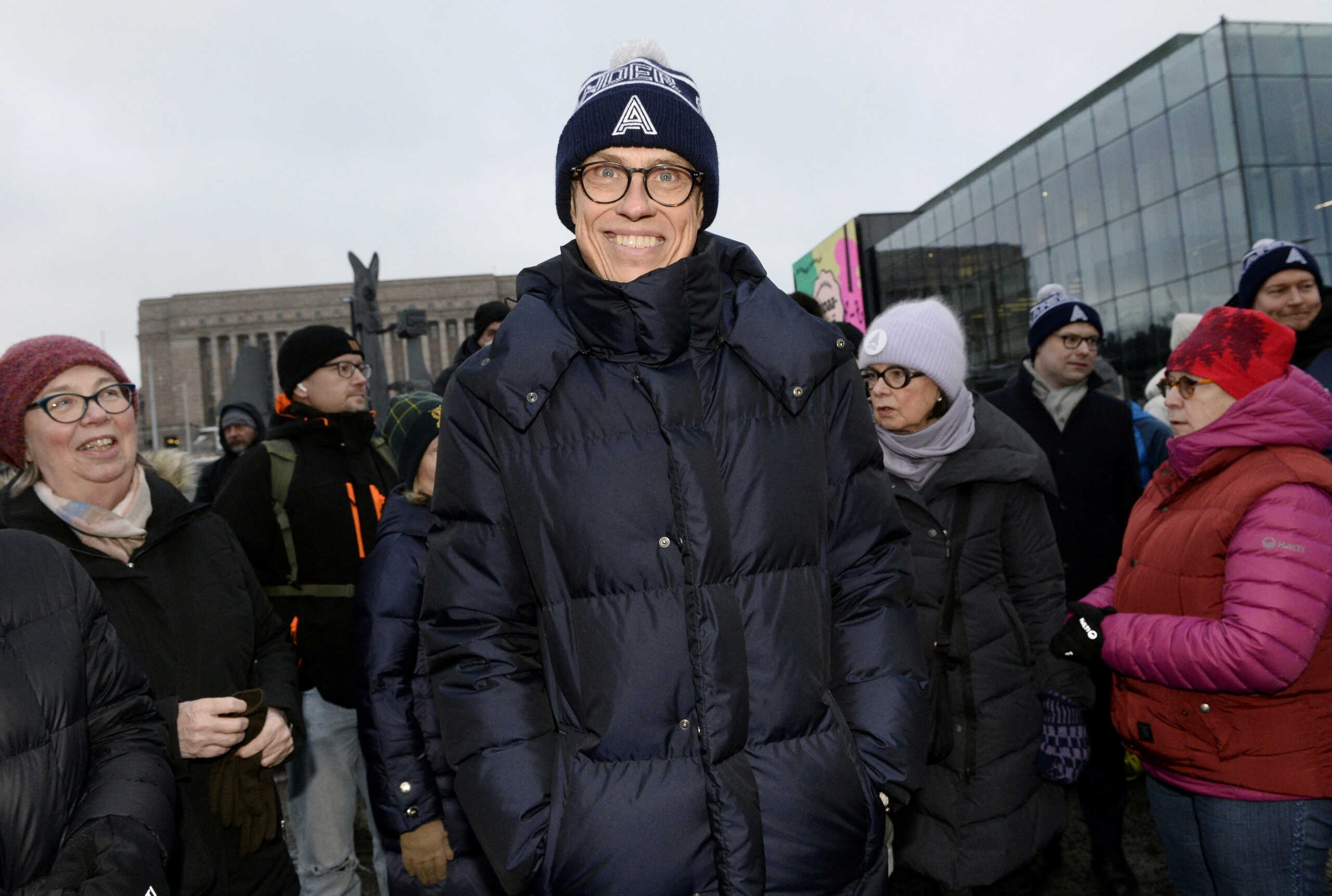 National Coalition Party (NCP) presidential candidate Alexander Stubb continues campaigning as people join him for a walk in Helsinki, Finland, on January 29, 2024. Stubb heads for the second round run-off of the Finnish presidential election with Pekka Haavisto, Green Party backed candidate for a nonpartisan constituency association. LEHTIKUVA