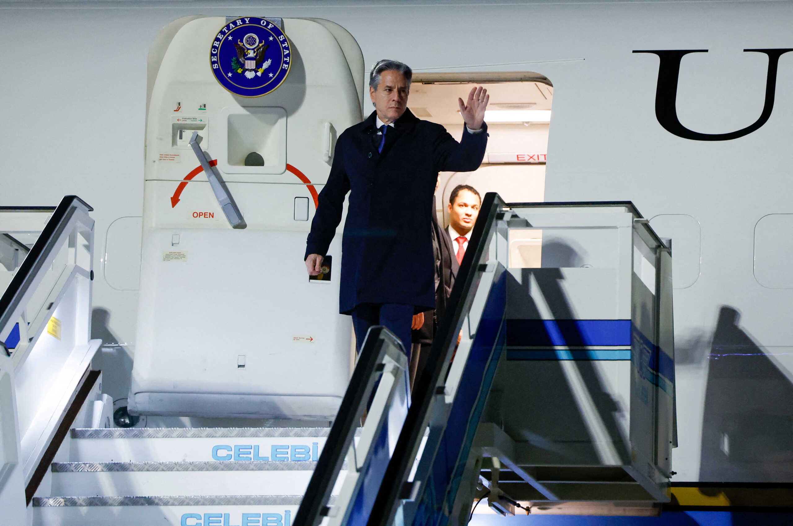U.S. Secretary of State Antony Blinken gestures as he arrives in Istanbul, Turkey, January 5, 2024. REUTERS