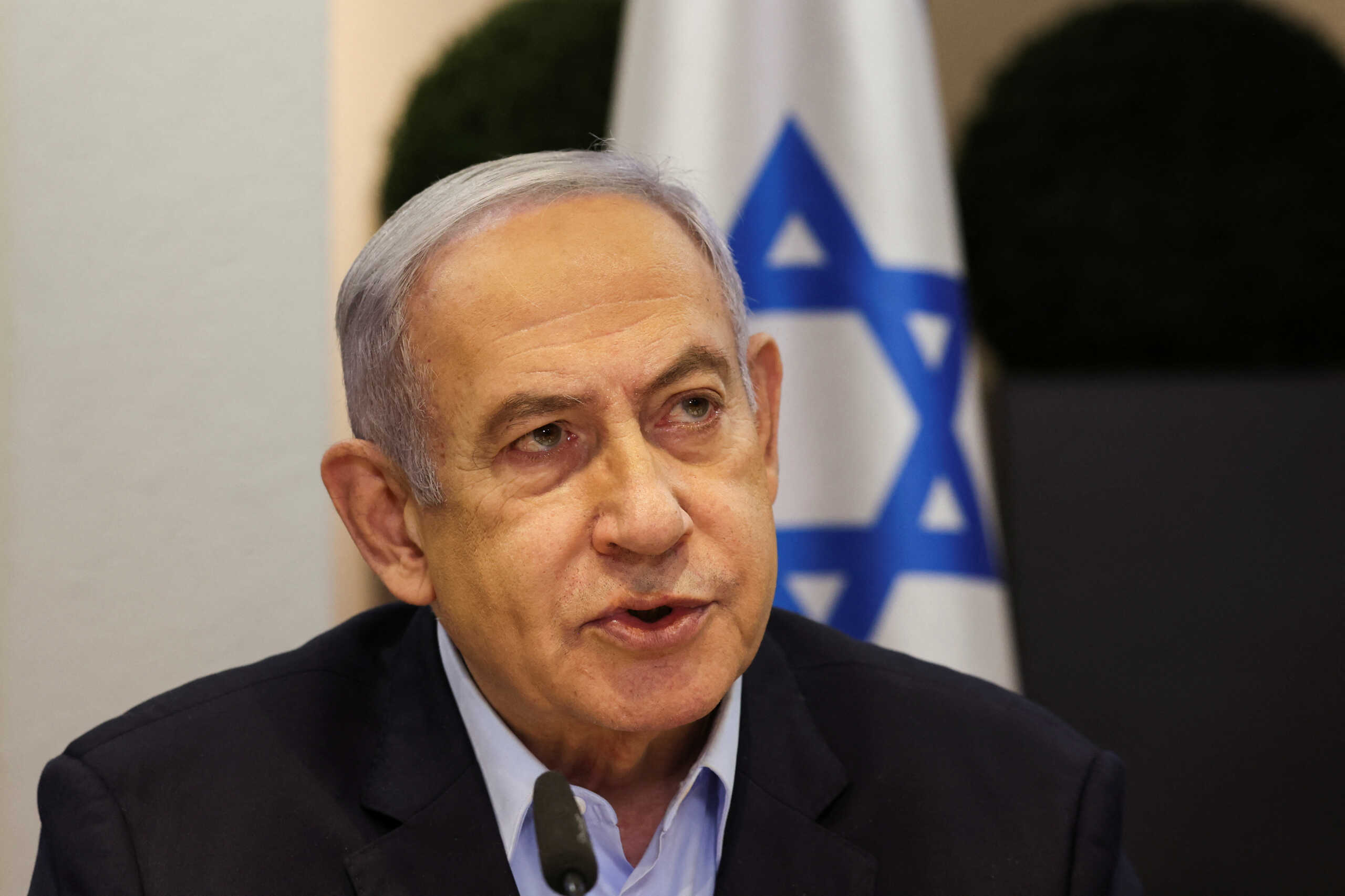 Israeli Prime Minister Benjamin Netanyahu convenes the weekly cabinet meeting at the Defence Ministry in Tel Aviv, Israel, January 7, 2024. REUTERS