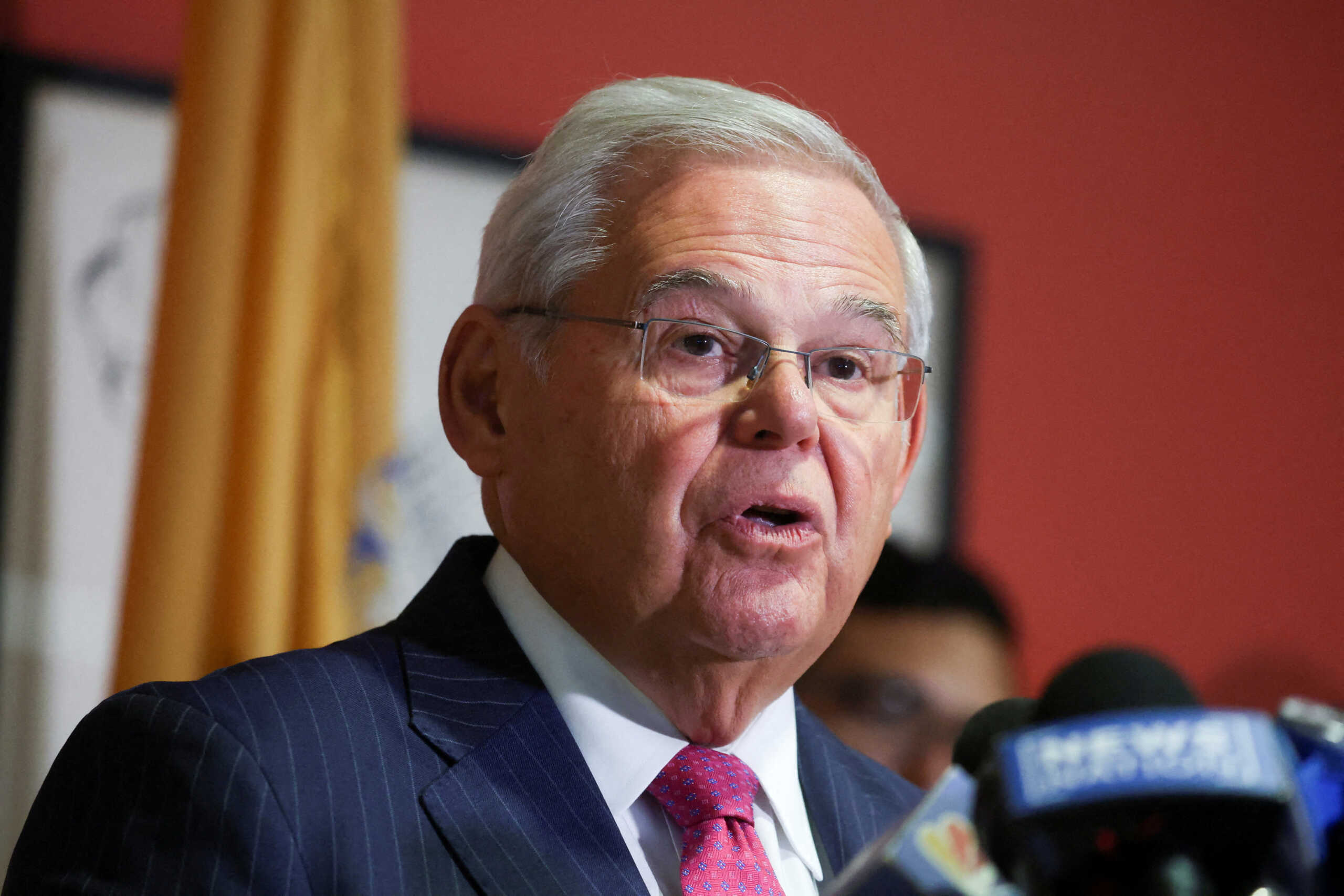 FILE PHOTO: U.S. Senator Robert Menendez (D-NJ) delivers remarks, after he and his wife Nadine Menendez were indicted on bribery offenses in connection with their corrupt relationship with three New Jersey businessmen, in Union City, New Jersey, U.S., September 25, 2023. REUTERS