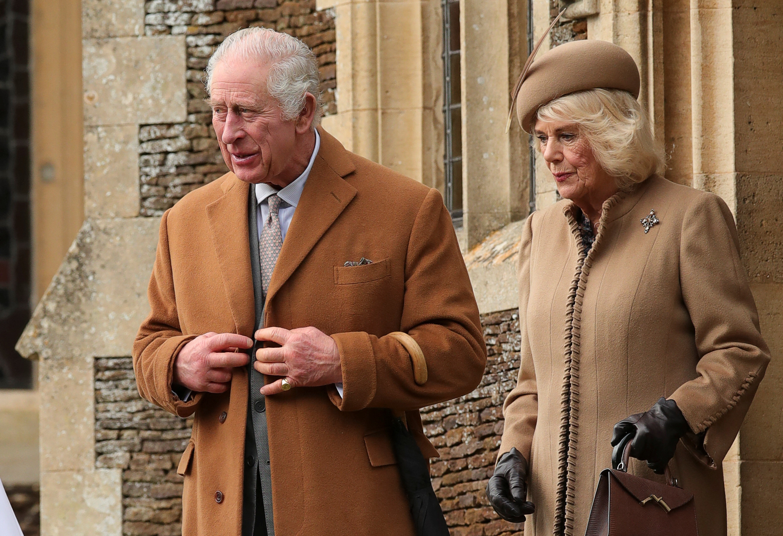 Britain's King Charles and Queen Camilla attend the Royal Family's Christmas Day service at St. Mary Magdalene's church, as the Royals take residence at the Sandringham estate in eastern England, Britain December 25, 2023. REUTERS