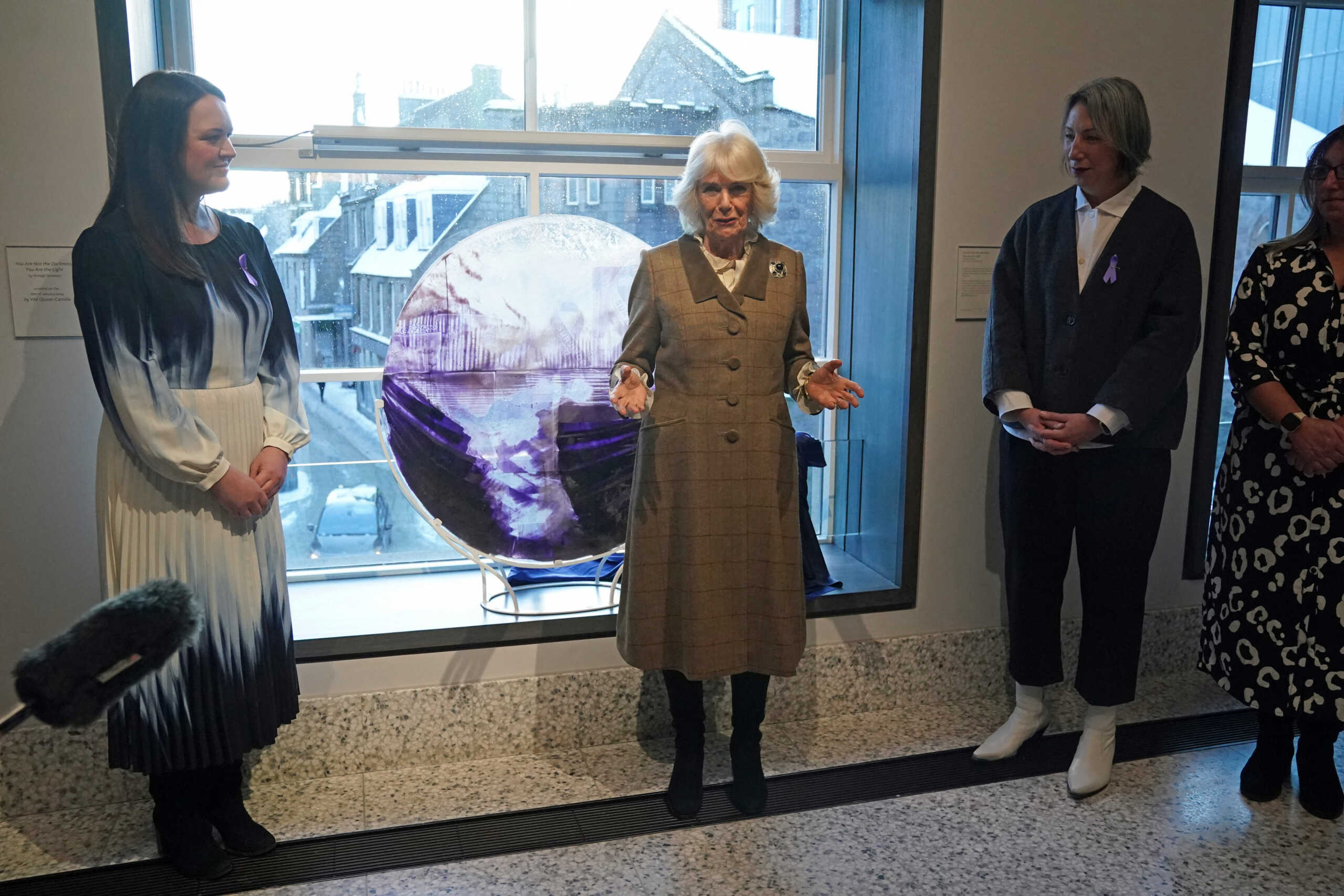 Queen Camilla opens the new 'Safe Space' during a visit to Aberdeen Art Gallery, as part of an initiative to provide help and guidance to people if they suspect someone is living with domestic abuse. Picture date: Thursday January 18, 2024. Andrew Milligan