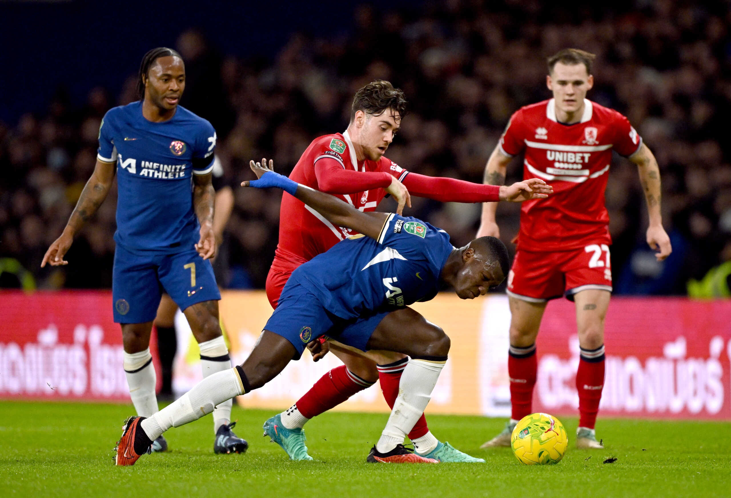 Soccer Football - Carabao Cup - Semi-Final - Second Leg - Chelsea v Middlesbrough - Stamford Bridge, London, Britain - January 23, 2024 Chelsea's Moises Caicedo in action with Middlesbrough's Hayden Hackney REUTERS