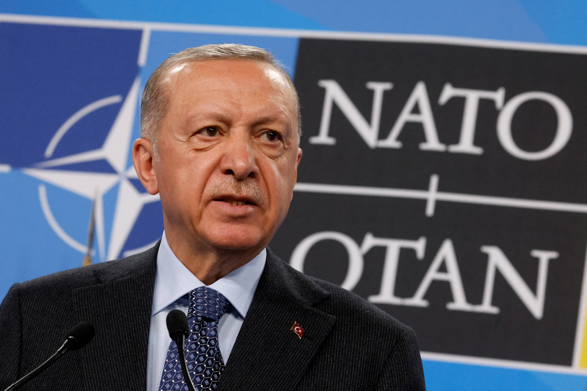 FILE PHOTO: Turkish President Recep Tayyip Erdogan speaks at a press conference during a NATO summit in Madrid, Spain June 30, 2022. REUTERS