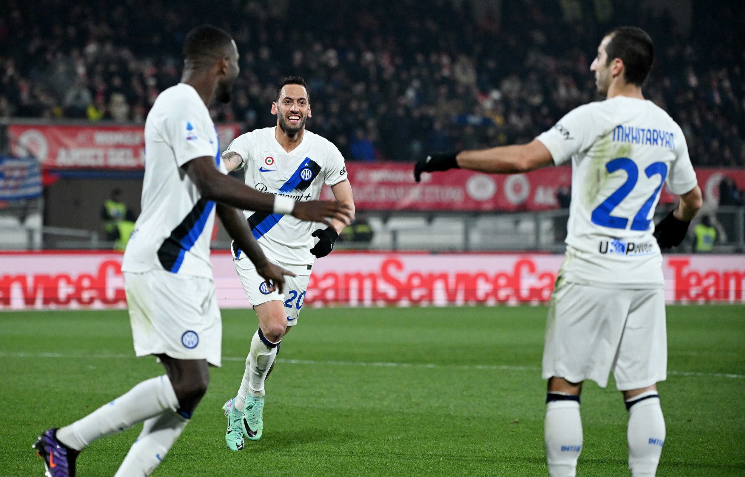 Soccer Football - Serie A - Monza v Inter Milan - Stadio Brianteo, Monza, Italy - January 13, 2024 Inter Milan's Hakan Calhanoglu celebrates scoring their third goal with Marcus Thuram and Henrikh Mkhitaryan REUTERS