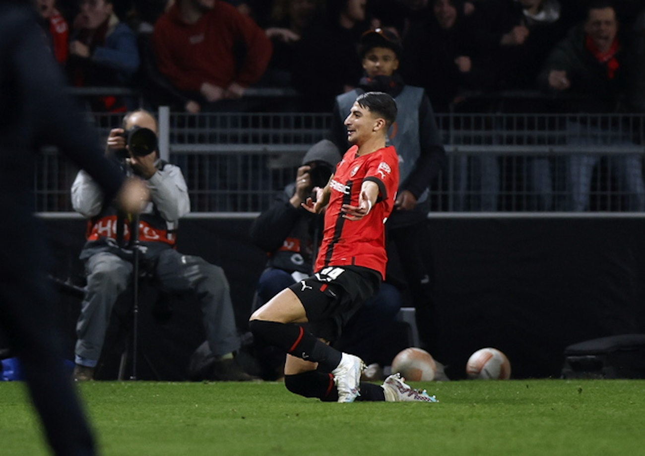 epa10486854 Rennes's Ibrahim Salah celebrates scoring the 2-0 lead during the UEFA Europa League play-off, second leg soccer match between Rennes FC and Shakhtar Donetsk at the Roazhon Park Stadium in Rennes, France, 23 February 2023.  EPA