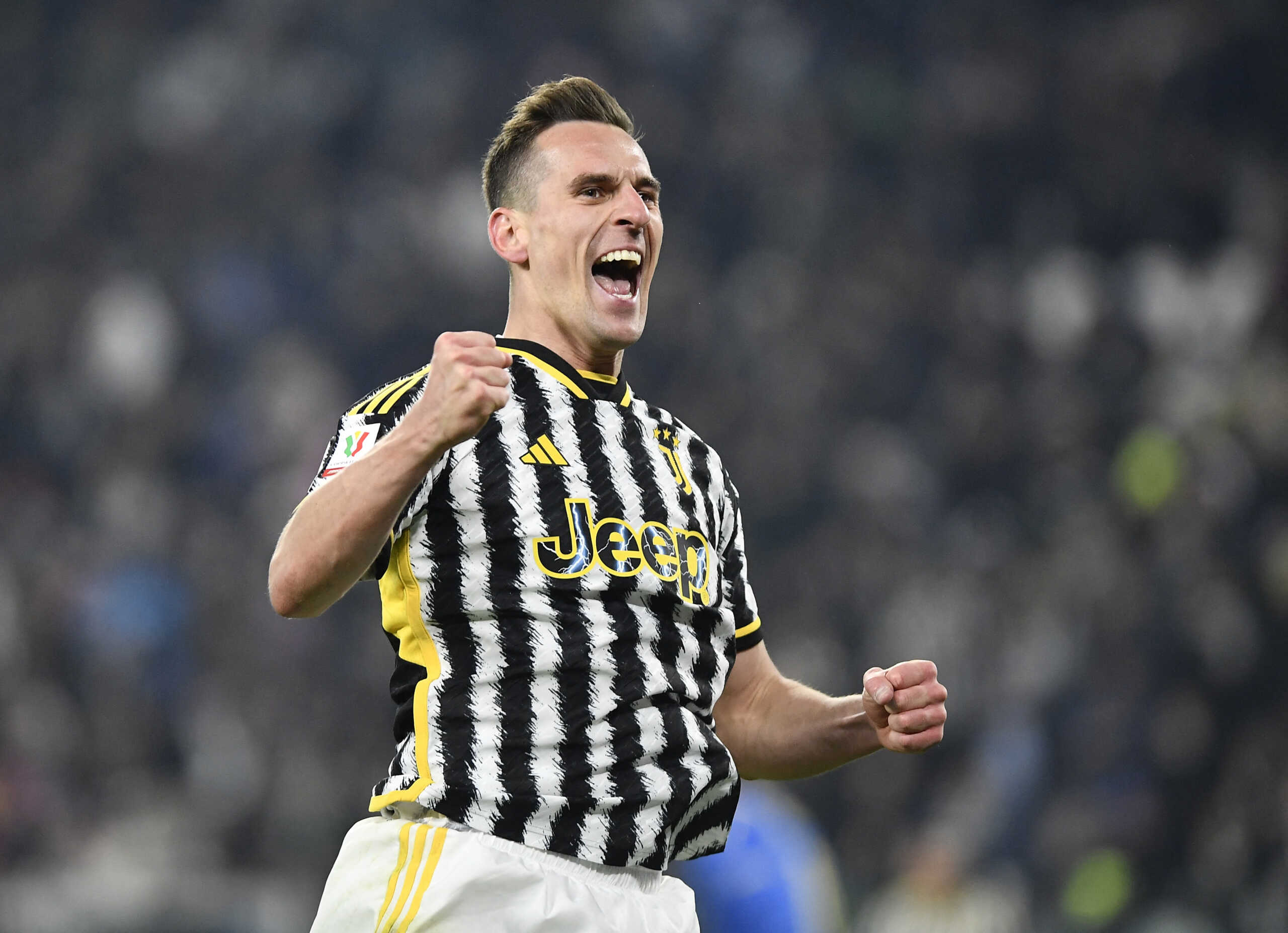 Soccer Football - Coppa Italia - Quarter Final - Juventus v Frosinone - Allianz Stadium, Turin, Italy - January 11, 2024 Juventus' Arkadiusz Milik celebrates scoring their fourth goal before it is disallowed after a VAR review REUTERS