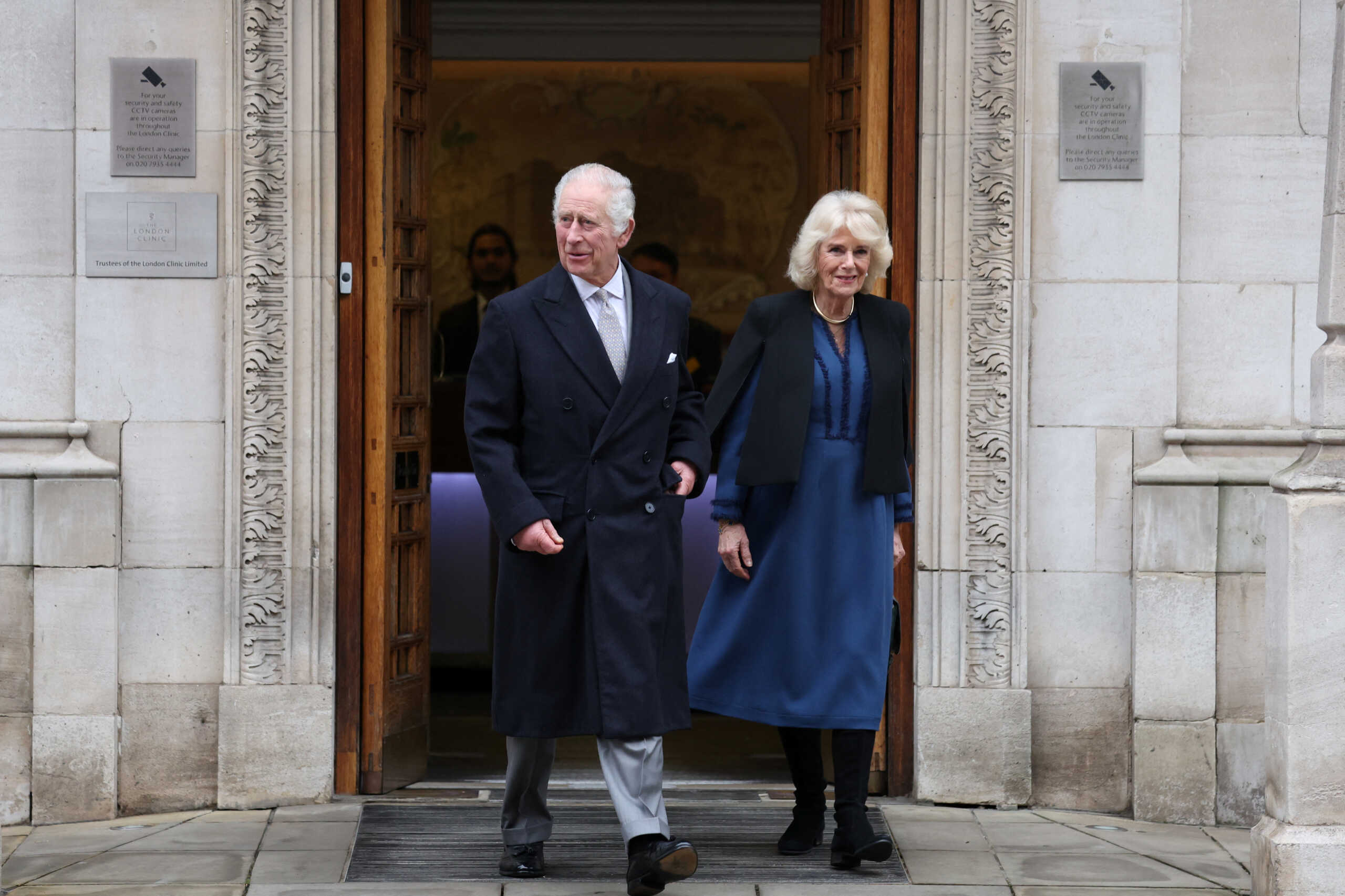 Britain's King Charles leaves the London Clinic with Britain's Queen Camilla after receiving treatment for an enlarged prostate in London, Britain January 29, 2024. REUTERS