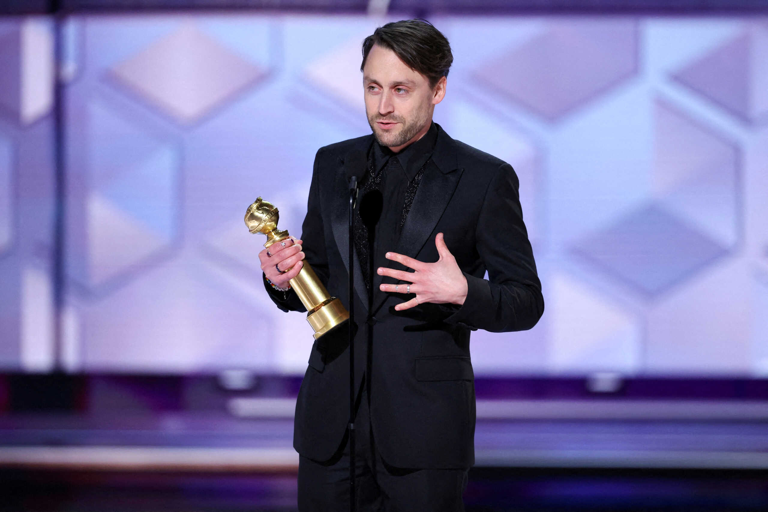 FILE PHOTO: Kieran Culkin accepts the award for Best Performance by a Male Actor in a Television Series ? Drama for "Succession" at the 81st Golden Globe Awards held at the Beverly Hilton Hotel in Beverly Hills, California, U.S., on January 7, 2024.   Rich Polk