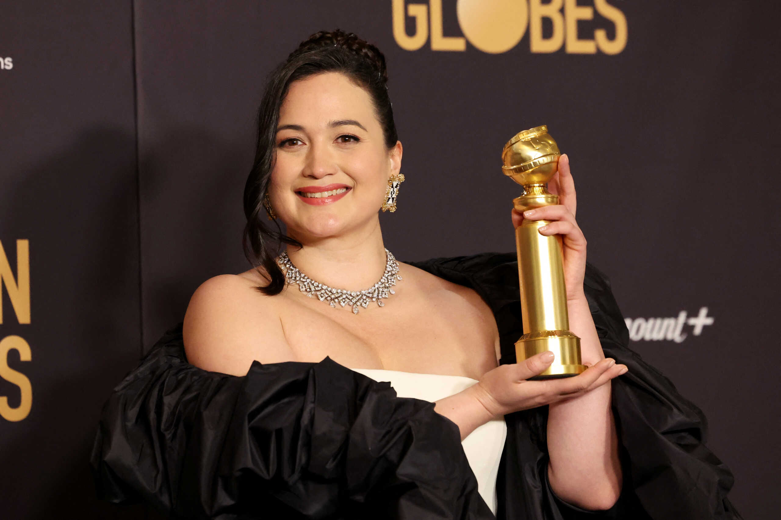 Lily Gladstone poses with the award for Best Performance by a Female Actor in a Motion Picture Drama for "Killers of the Flower Moon" at the 81st Annual Golden Globe Awards in Beverly Hills, California, U.S., January 7, 2024. REUTERS