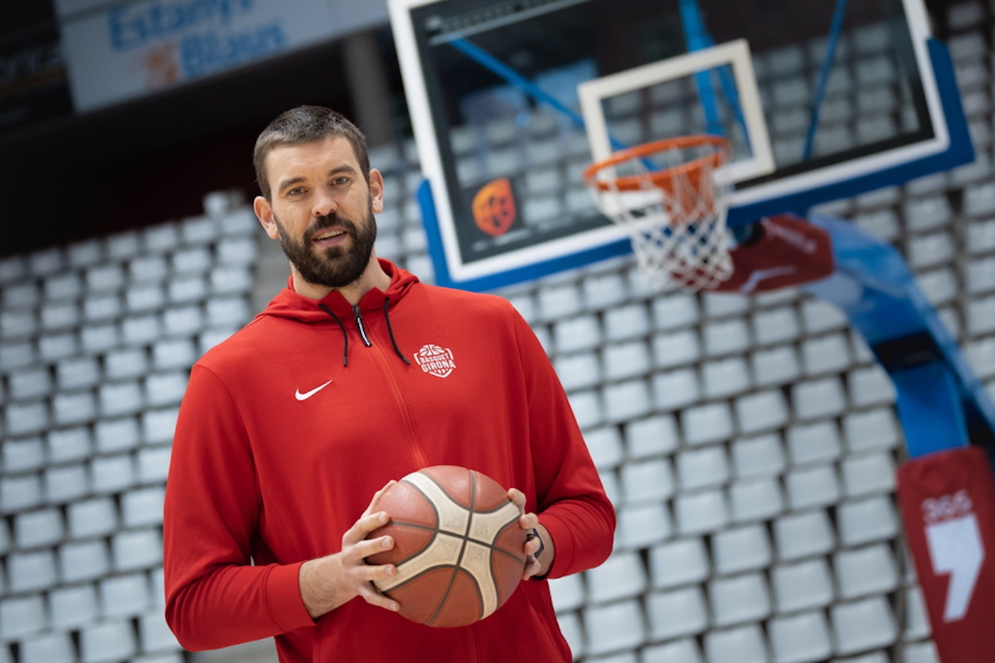 epa09714488 Basquet Girona's president and player Marc Gasol poses during an interview with Spanish International News Agency EFE in Girona, Spain, 28 January 2022. Marc Gasol, former All-Star, NBA champion and two-time World Cup winner with the Spanish National team, left the NBA last season to play for his local team in the second division of the Spanish basketball league.  EPA