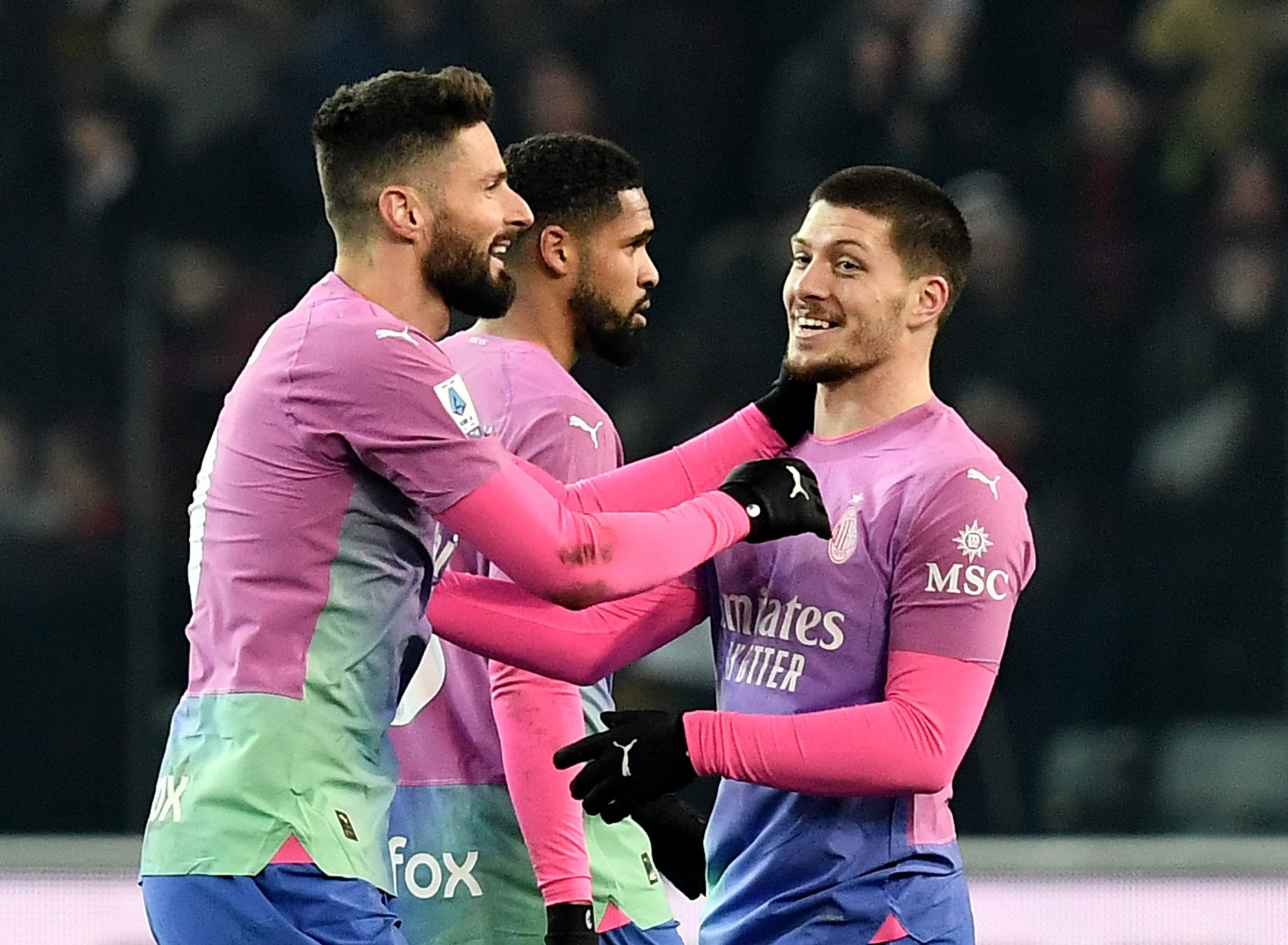 Soccer Football - Serie A - Udinese v AC Milan - Dacia Arena, Udine, Italy - January 20, 2024 AC Milan's Luka Jovic celebrates scoring their second goal with Olivier Giroud REUTERS