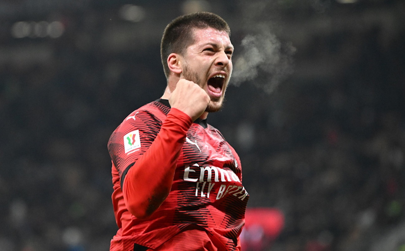 epa11054074 AC Milana€™s forward Luka Jovic celebrates after scoring during the Coppa Italia soccer match between AC Miland and Cagliari Calcio, in Milan, Italy, 02 January 2024.  EPA