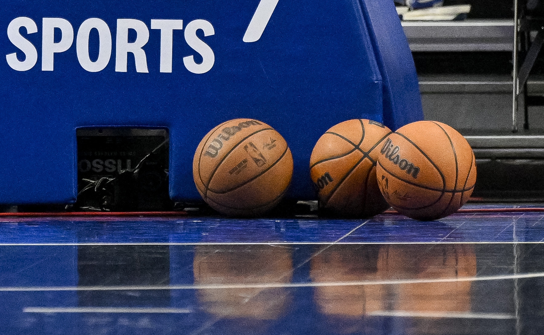 Jan 5, 2024; Dallas, Texas, USA; A view of the Ballys Sports network logo and basketballs before the game between the Dallas Mavericks and the Portland Trail Blazers at the American Airlines Center. Mandatory Credit: Jerome Miron-USA TODAY Sports