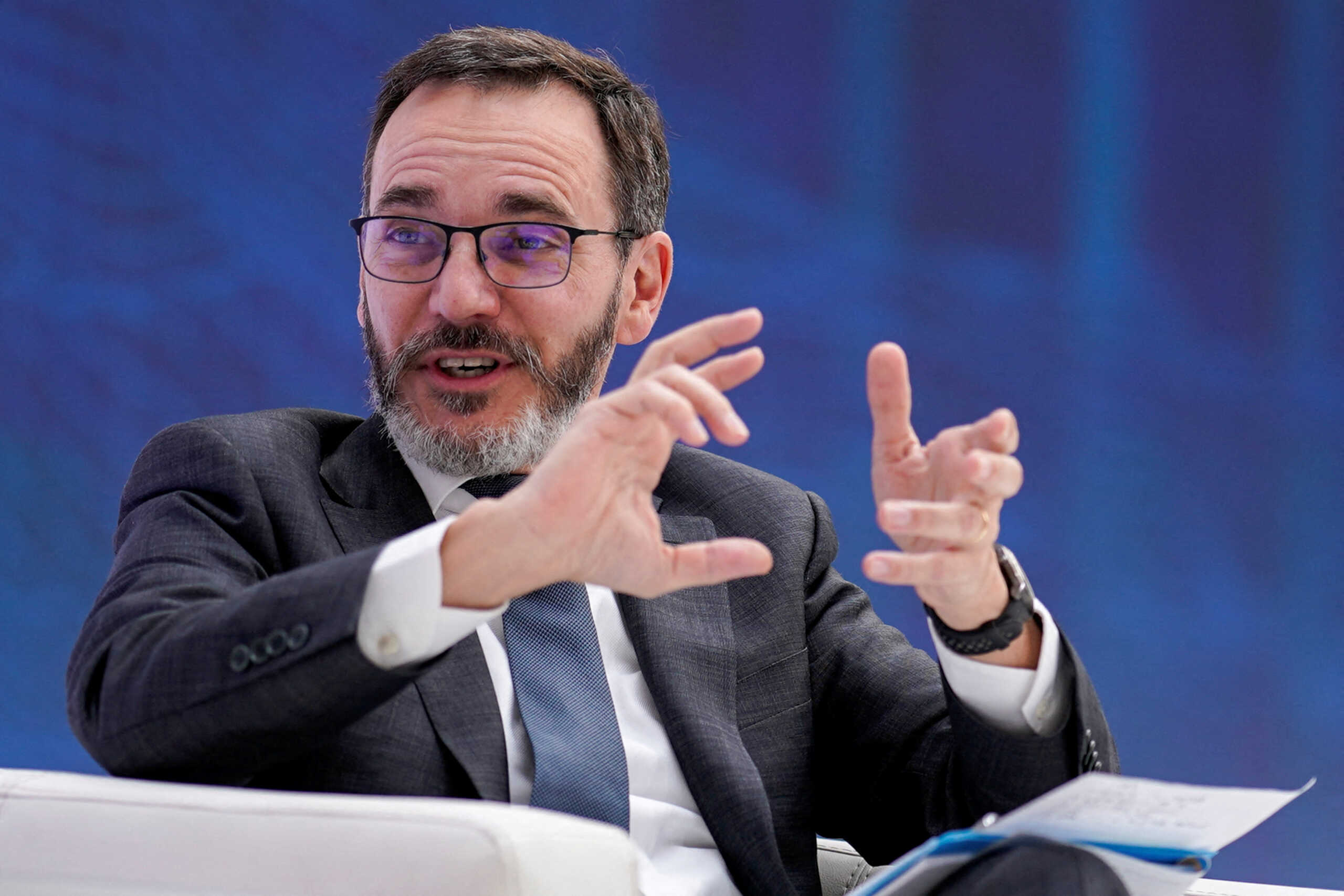 FILE PHOTO: The International Monetary Fund's chief economist, Pierre-Olivier Gourinchas, speaks during a roundtable on tackling public debt at the IMF building in Washington, U.S. April 12, 2023. REUTERS