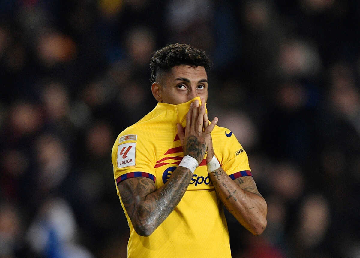Soccer Football - LaLiga - Valencia v FC Barcelona - Mestalla, Valencia, Spain - December 16, 2023 FC Barcelona's Raphinha looks dejected after the match REUTERS