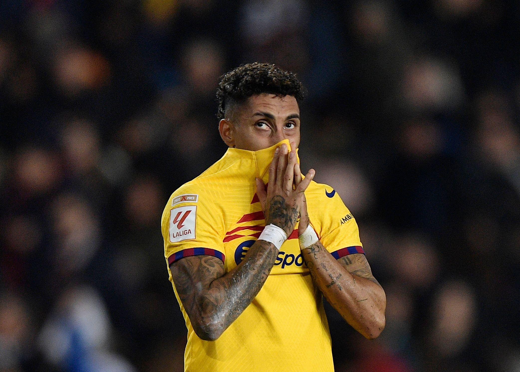 Soccer Football - LaLiga - Valencia v FC Barcelona - Mestalla, Valencia, Spain - December 16, 2023 FC Barcelona's Raphinha looks dejected after the match REUTERS