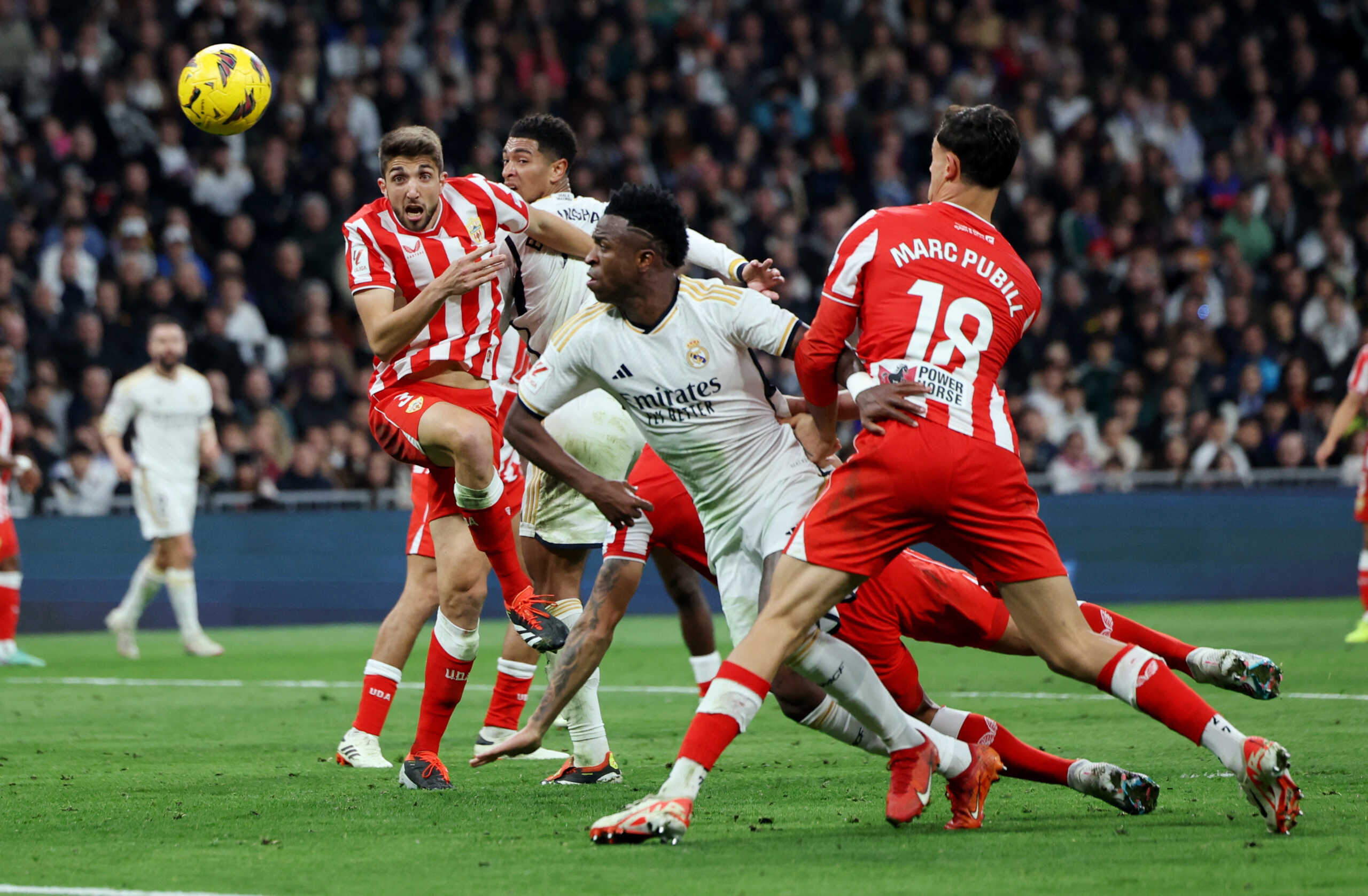 Soccer Football - LaLiga - Real Madrid v Almeria - Santiago Bernabeu, Madrid, Spain - January 21, 2024 Real Madrid's Vinicius Junior scores their second goal REUTERS