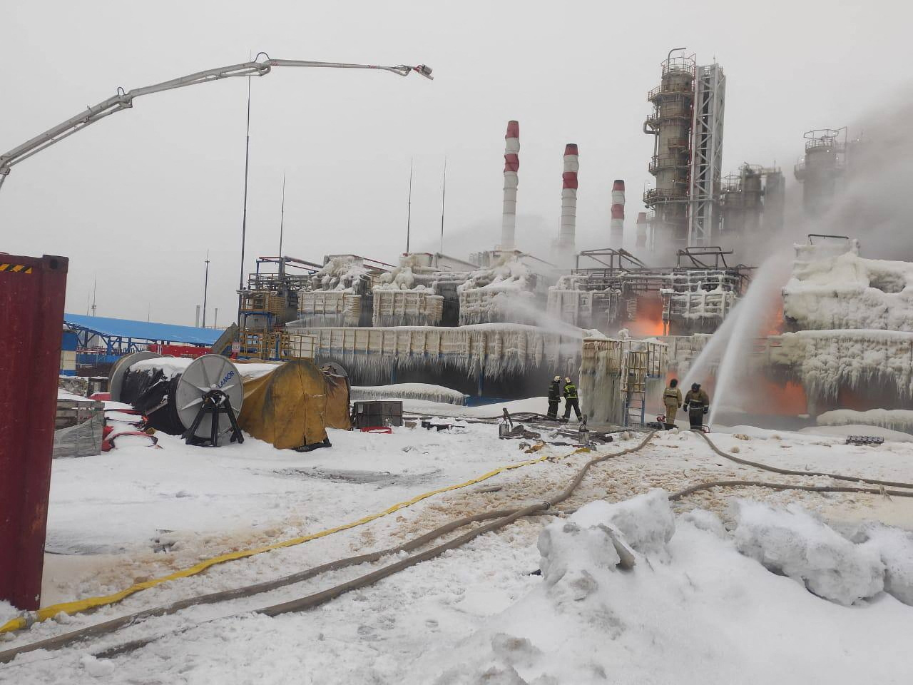 Firefighters work to extinguish fire at a terminal belonging to Novatek, Russia's largest liquefied natural gas producer, in the port of Ust-Luga, Russia, January 21, 2024. Head of Administration of Kingiseppsky District of Leningrad Region Yuri Zapalatsky Telegram channel via REUTERS ATTENTION EDITORS - THIS IMAGE HAS BEEN SUPPLIED BY A THIRD PARTY. NO RESALES. NO ARCHIVES. MANDATORY CREDIT.